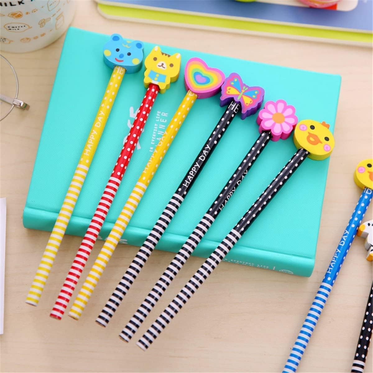 Yansanido Pack of 10 Colorful 7.28 Inch Length Random Cartoon Eraser Pencils, Cute Pencils for Office, School Supplies Students Children Gift (10)