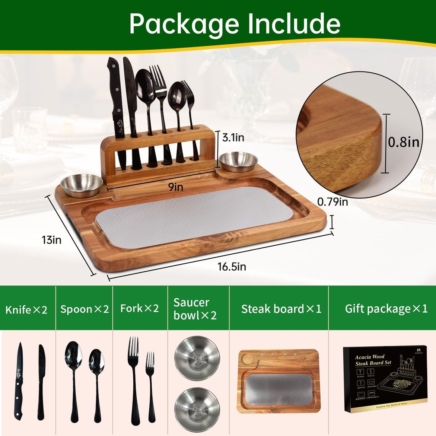 Acacia Wood Steak Board Set,16.5" Magnetic Charcuterie Board with Stainless Steel Scratch-Proof Cutting Surface Wooden Serving Platter with Cutlery & Sauce Cup for BBQ Dinner Party Housewarming Gift