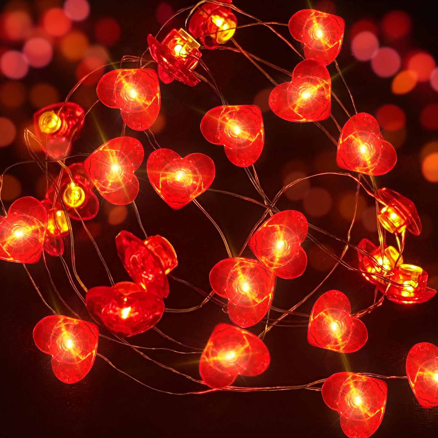 Aogist 2-Pack 50LED Valentine's Day Fairy Lights -16ft Super Bright 3D Red Heart String Light Battery Operated Mather's Day Gift Decor for Indoor/Outdoor Party Home Yard Tree Decor