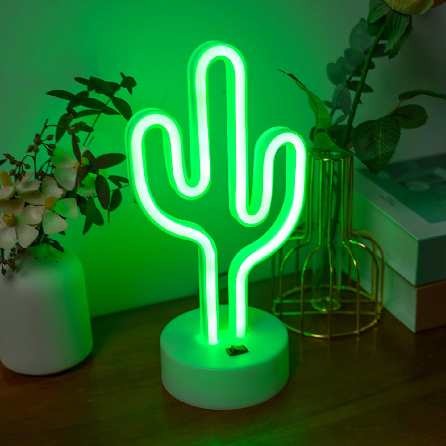 Green Cactus Neon Lights with Holder Base, Cactus Neon Signs for Bedroom, Tabletop, Bar, Birthday, Christmas Decor, Luau Summer, Mexican Party, Battery/USB Powered LED Night Light Children Gift