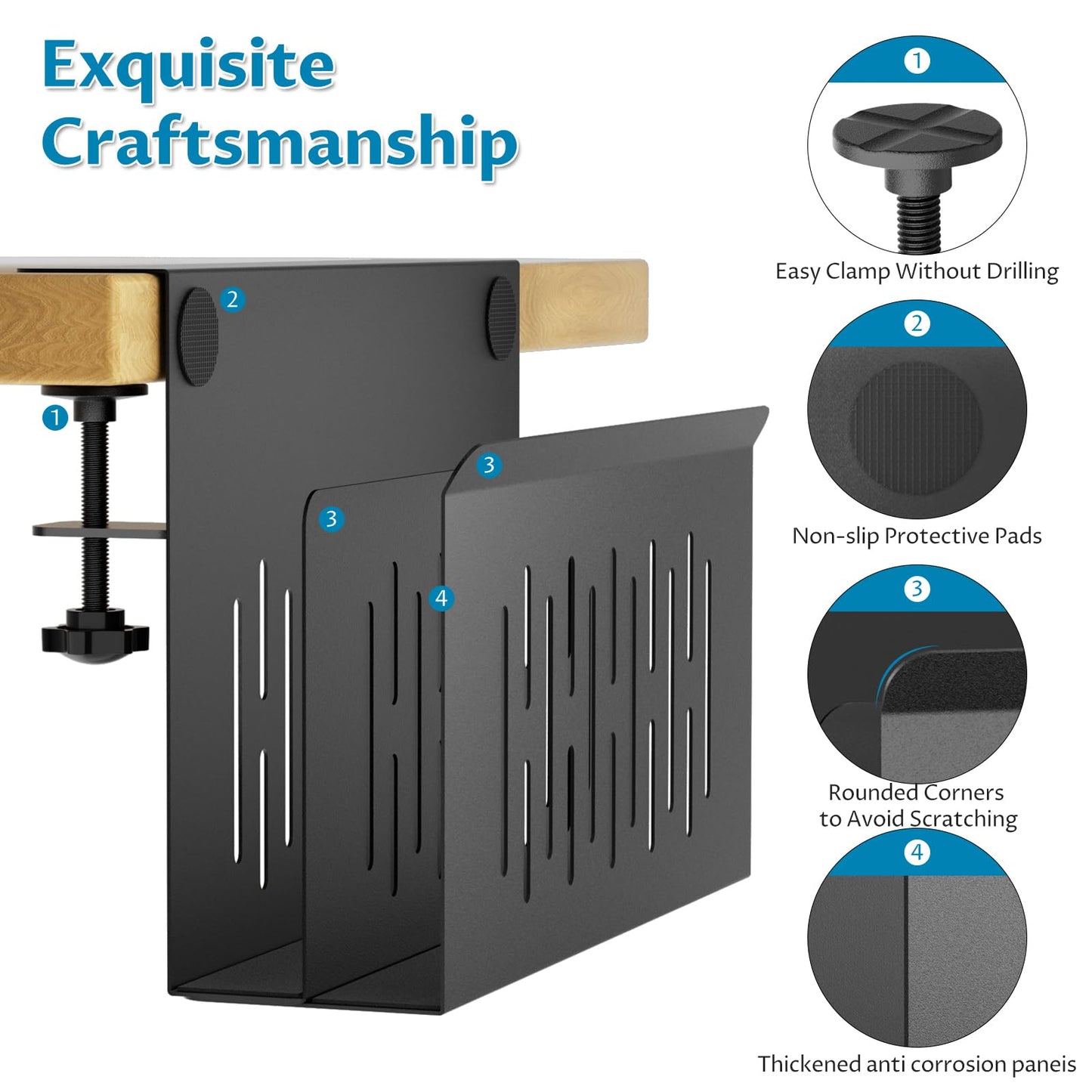 Onemake Desk Side Storage, 2-Tier No Drill Laptop Holder, Clamp on Desks Shelf with Magnetic Pen Holder, Hanging Desk Organizer for Home Office, Fits Flat Edge Tables 0.4" to 2.3"