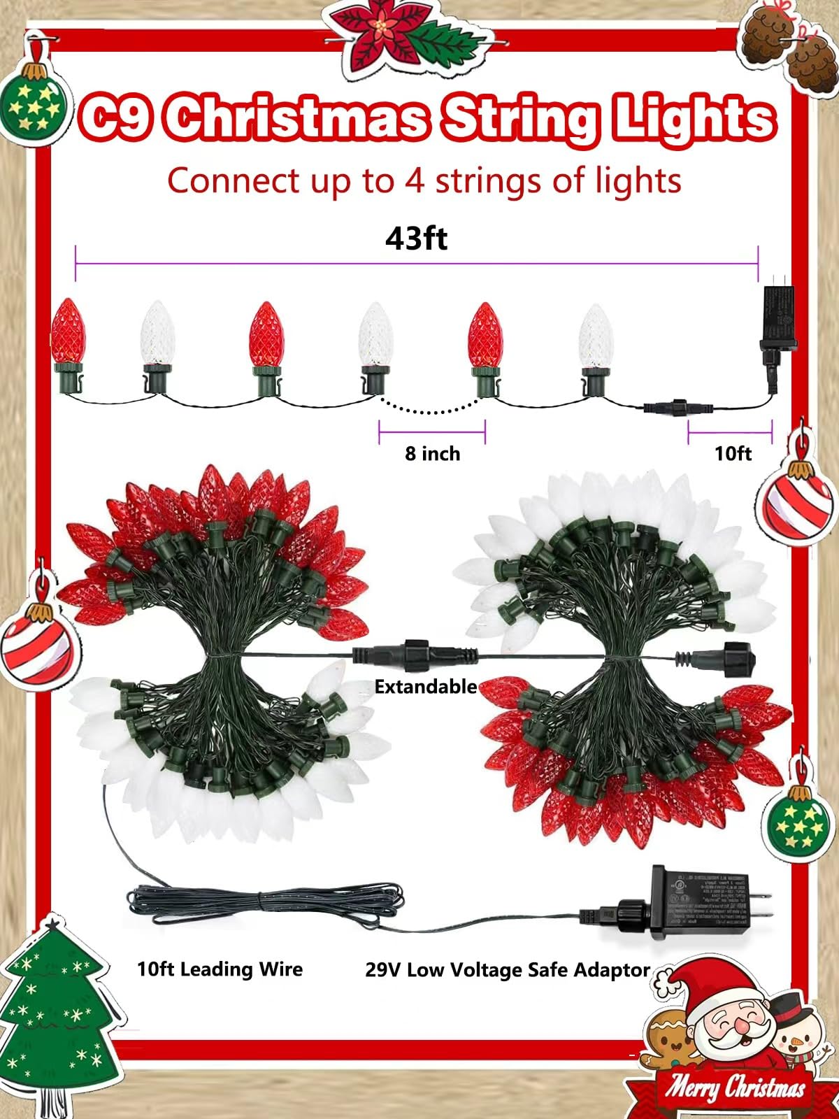 YIQU 2-Pack 66FT C9 Christmas String Lights Outdoor, 100LED Waterproof Green Wire Plug in Led Fairy String Lights for Xmas Tree Indoor Garden Patio Wedding Party Decoration (Red and White)