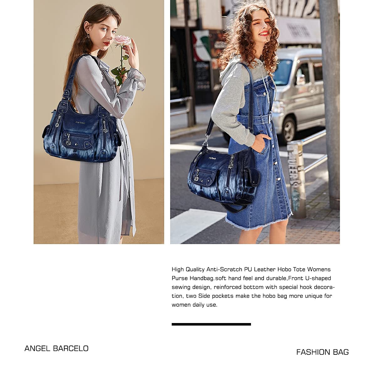 Angel Barcelo Women Purses and Handbags PU Leather Shoulder Bag Fashion Hobo Bags for Women (Fashion Blue)