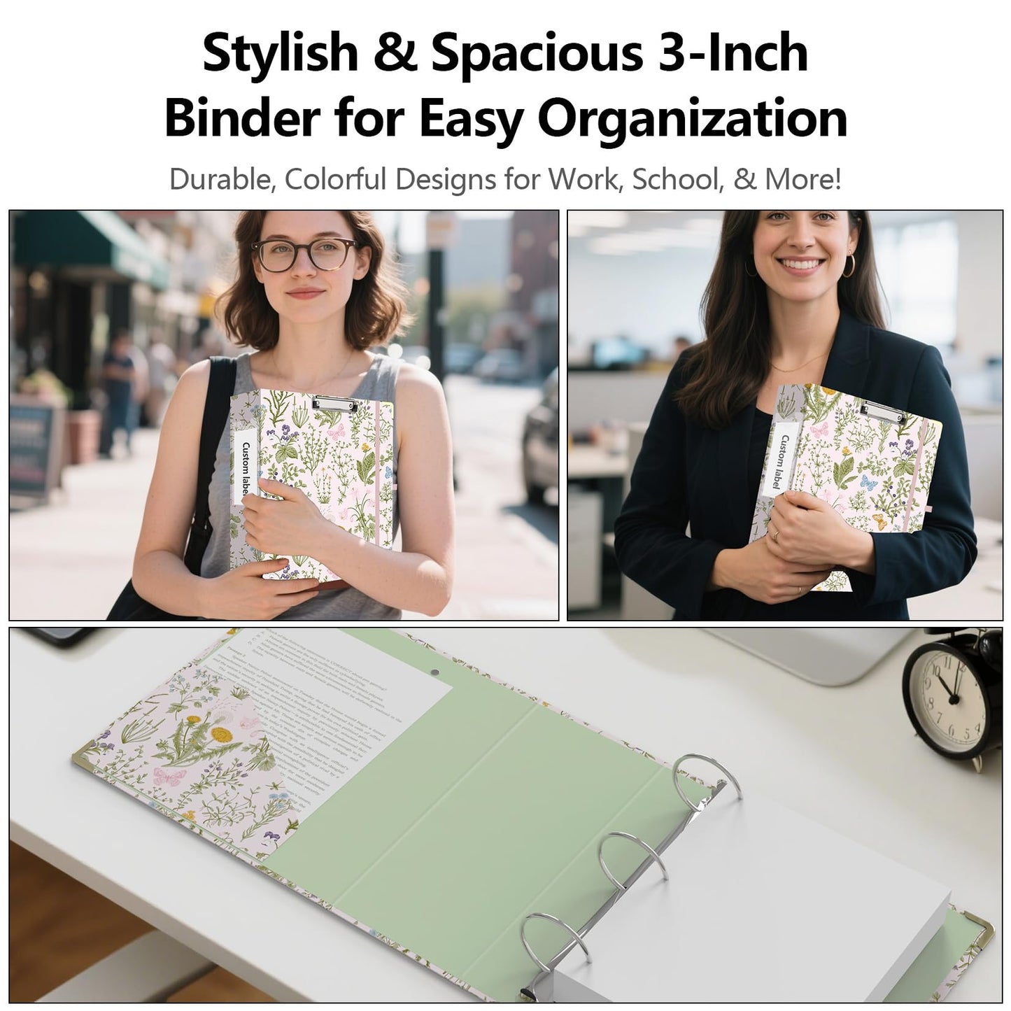 3 Ring Binder 3 Inch, Cute Round Ring Binders with 6 Tab Dividers, Labels Stickers, Low Profile Clipboard with Storage, Fashion Binder School Office Supplies(Wild Flowers)