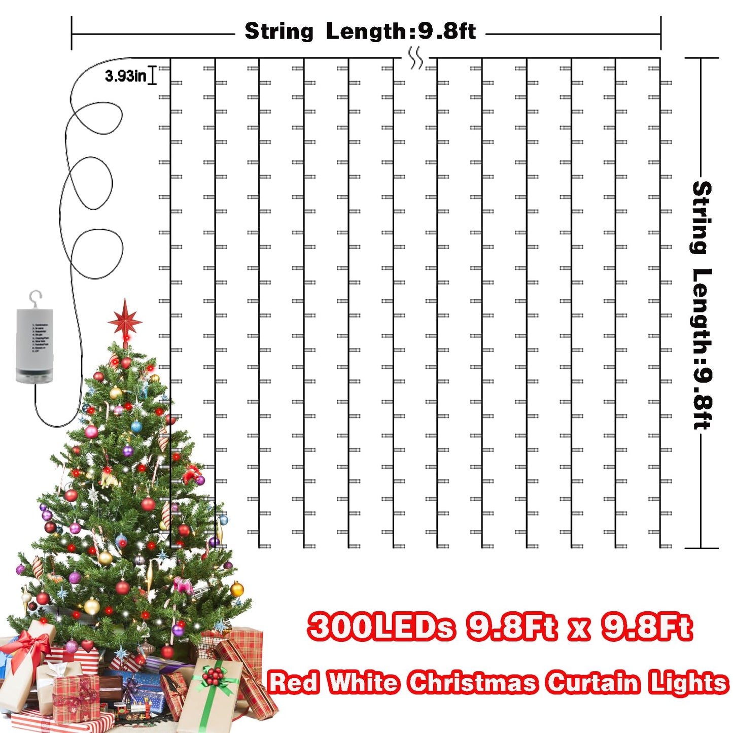 DealBeta Battery Operated Curtain Lights Christmas Red White with Remote 9.8×9.8ft