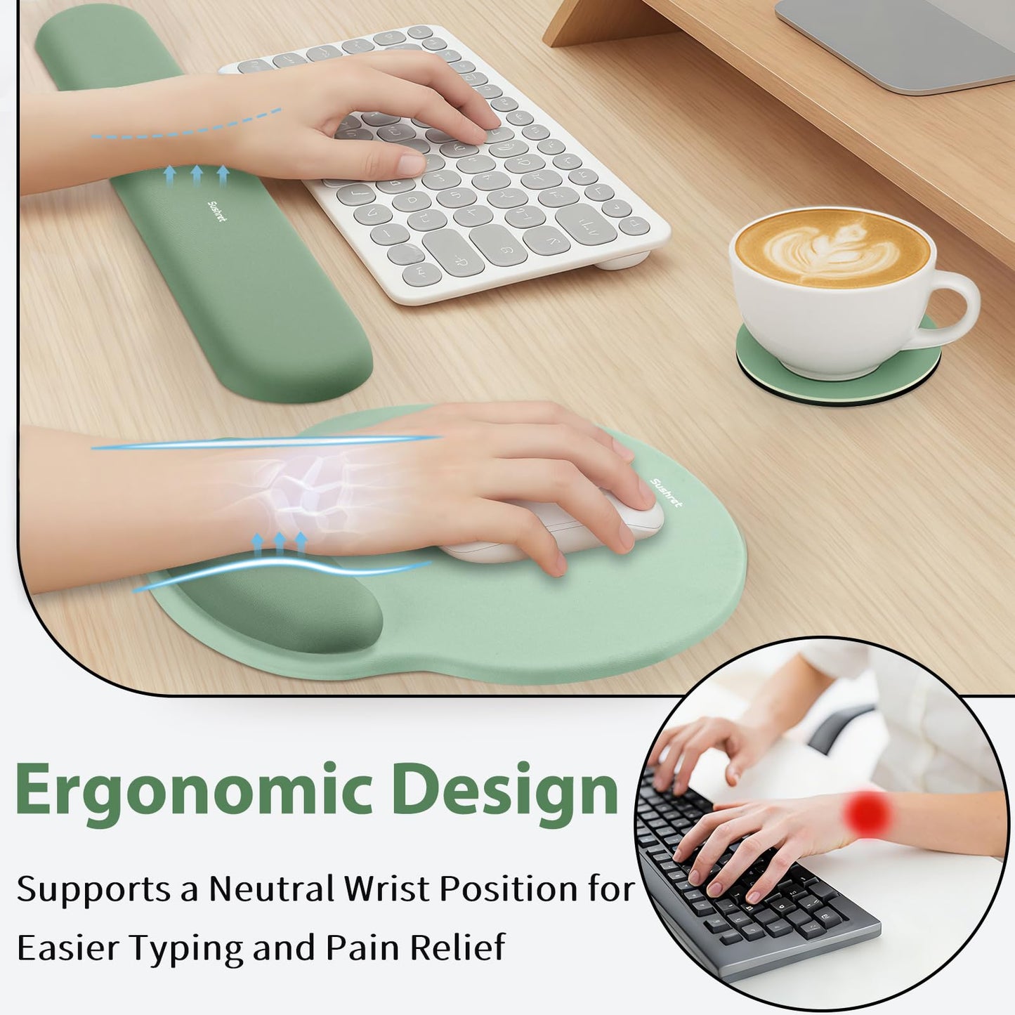Sushret Mouse Pad and Keyboard Wrist Rest, 3-in-1 Gel Memory Foam Ergonomic Mouse Pad with Wrist Rest Set,Gaming Mousepad Arm Cushion Support for Computer Office Desk Accessories Cute Setup,Sage Green