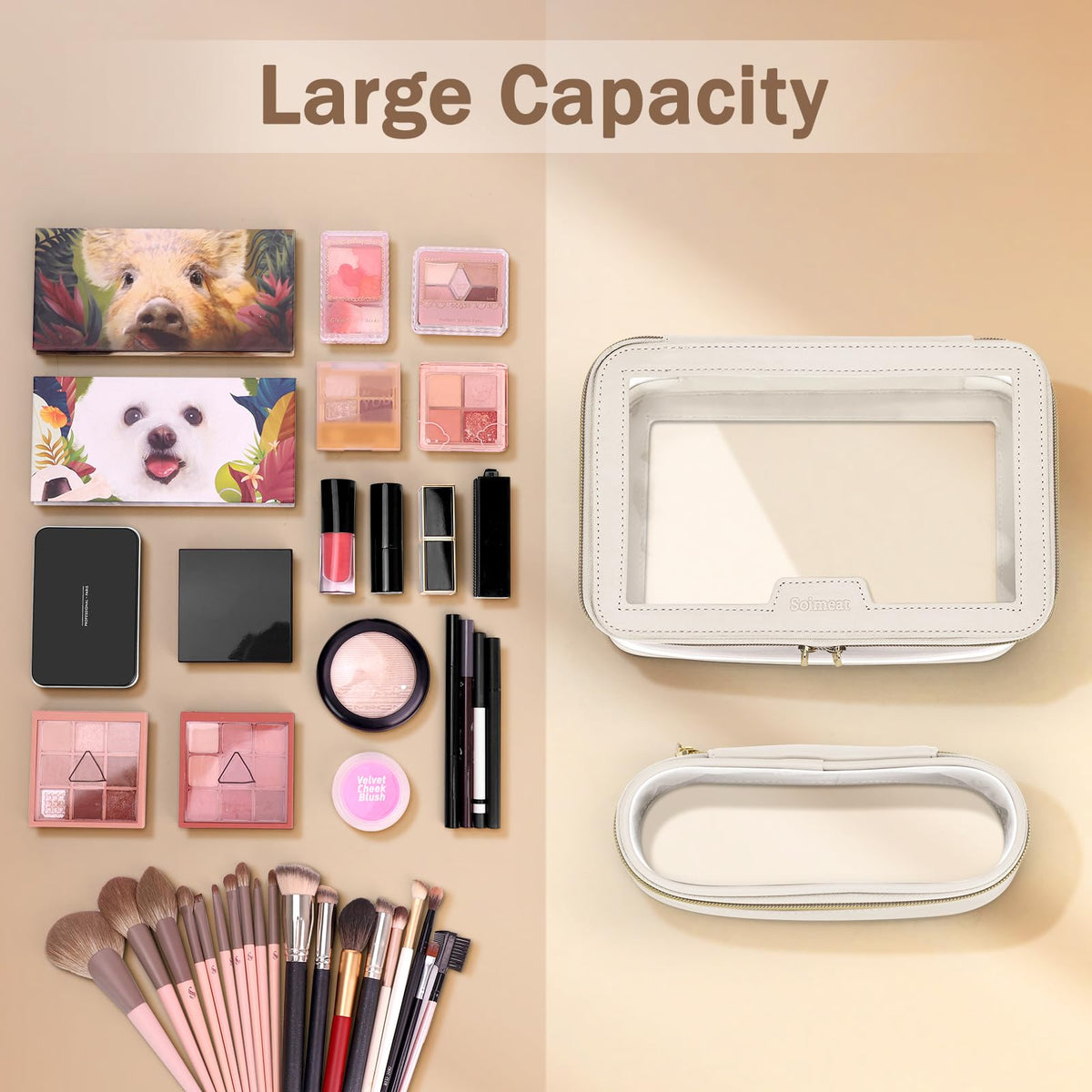 Soimeat Travel Clear Makeup Bag with Makeup Brush Bag, Leather Make up Case Toiletry Bag, Portable Cosmetic Bag Case, Transparent Waterproof Cosmetic Organizer Storage Bag for Women, Off-White