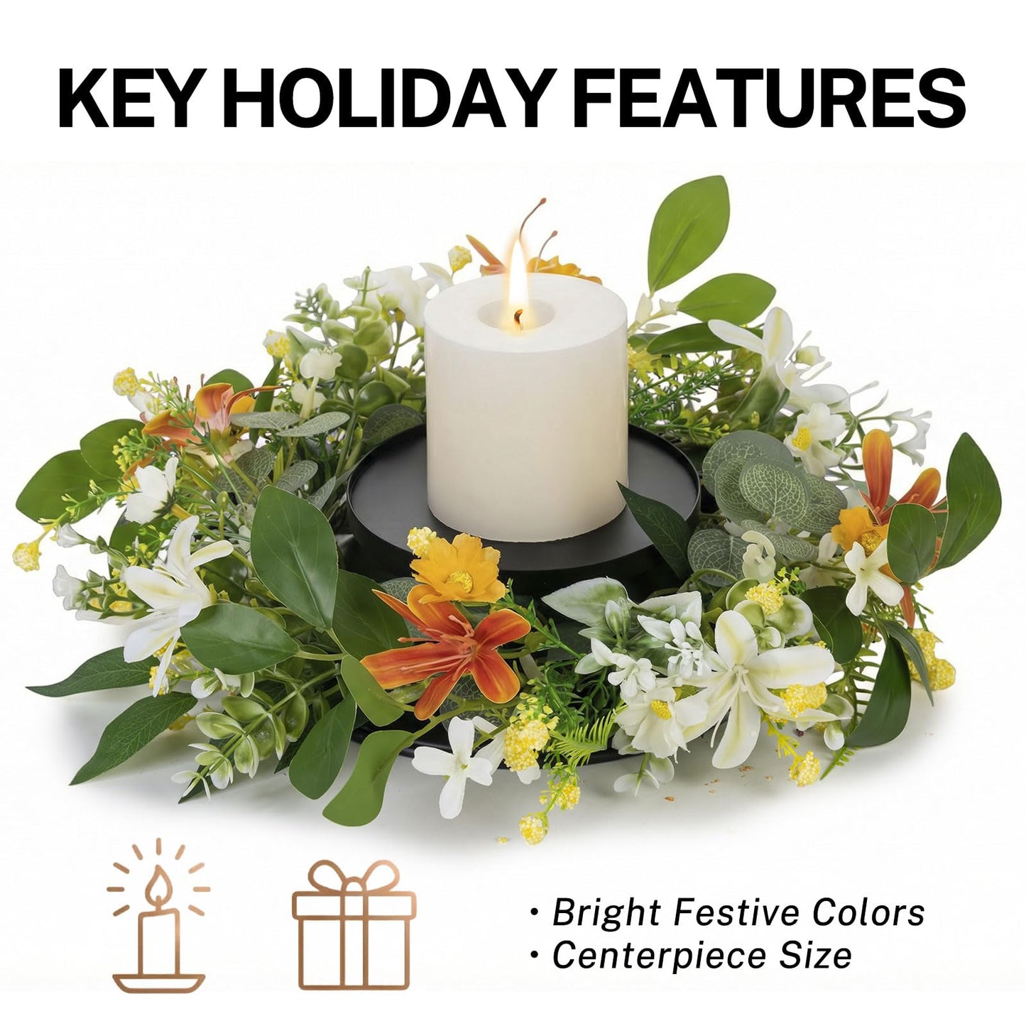 MOYEE Summer Centerpieces for Tables Wreath with Candle Holder,Candle Ring, Black Metal Candlestick with an Artificial Wreaths 14 in Versatile Dining Table Centrepiece (an Orange and White Wreath)