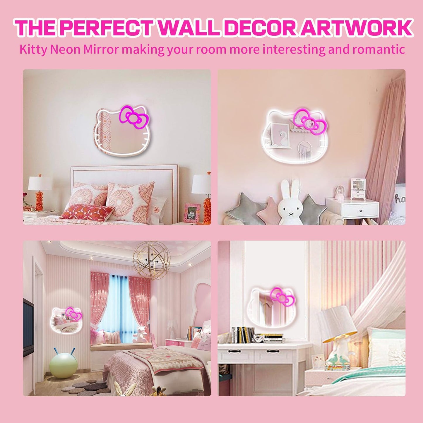 MCJSGSP Anime Hello Kit Mirror with Light Neon Signs for Wall Decor, Dimmable for Teen Girl Gift,Makeup Mirror neon Sign Room Decor (16.1 * 14 inch)