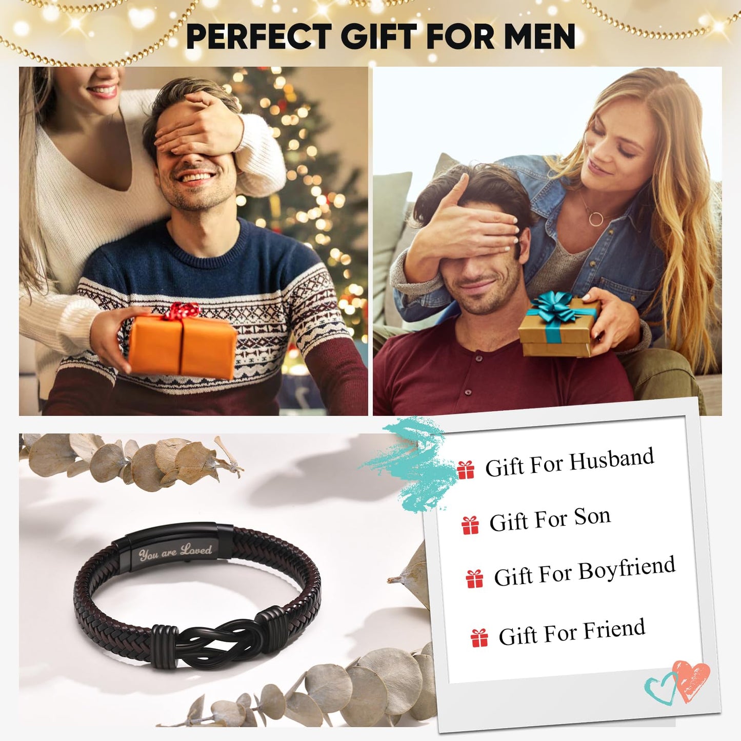Love Knot Bracelet GIFS for Men - Handmade Braided Leather Bracelets Brown Leather Cuff Infinity Knot for Son Husband Boyfriend,Mens Christmas Birthday Gift