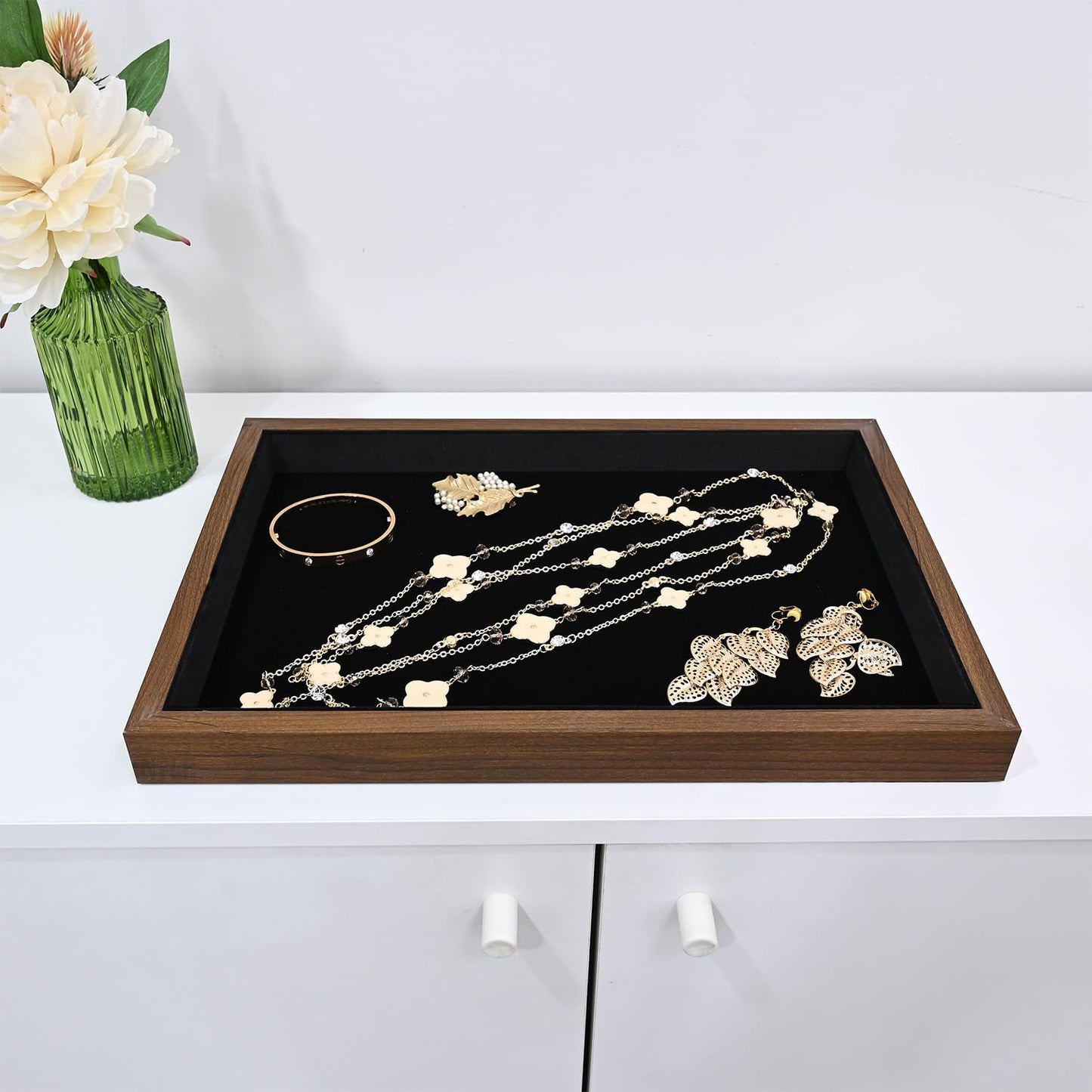 MOOCA 2 Pcs Wooden Jewelry Display Tray, Presentation Tray, Organizer for Rings, Necklaces, Earrings, and Accessories, Walnut Color with Black Suede, 14" W x 9.6" D x 1.2" H
