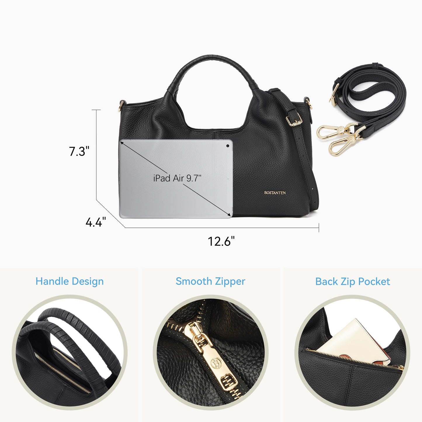BOSTANTEN Genuine Leather Purses for Women Designer Handbags Crossbody Shoulder Bags Top Handle Satchel Black