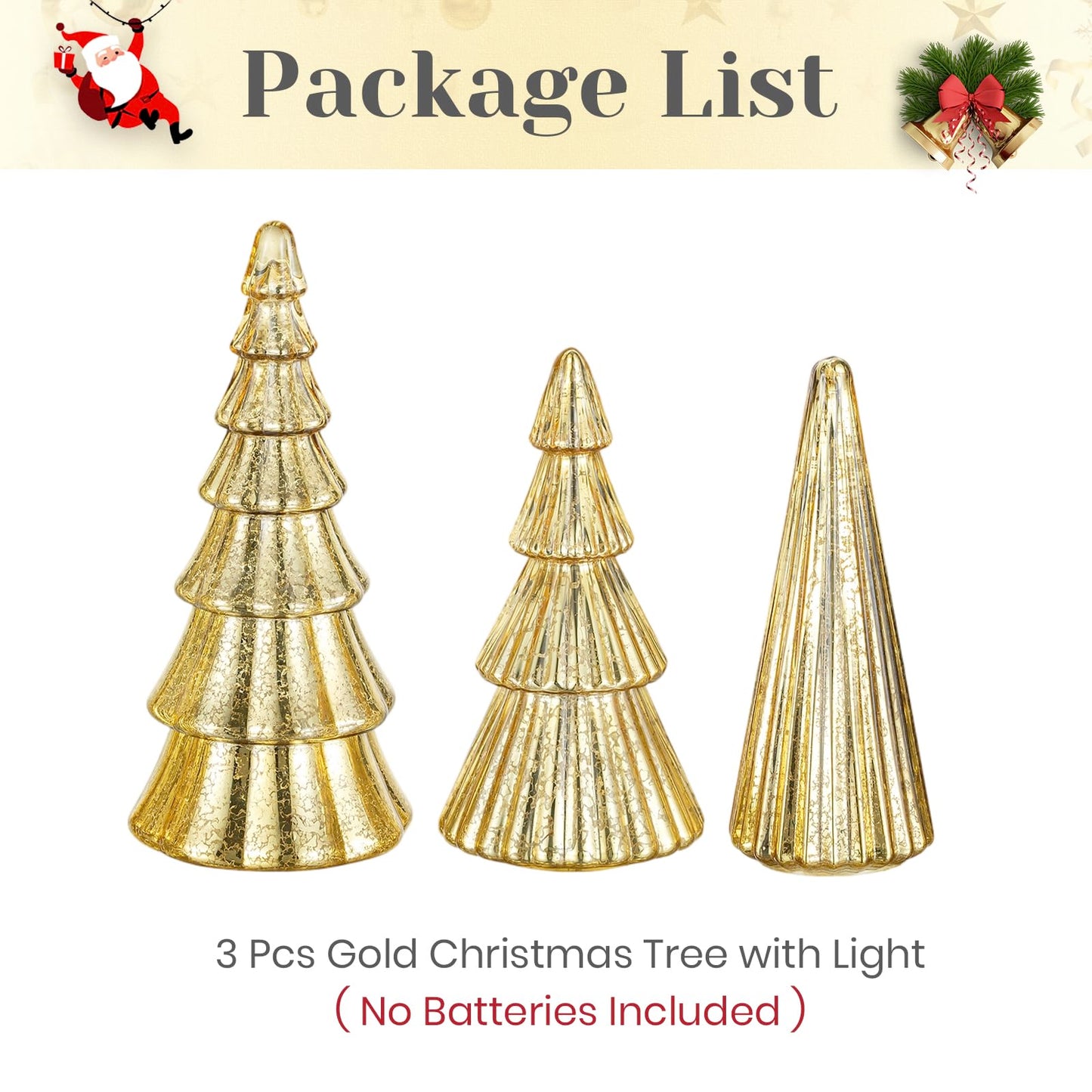 Hewory Mercury Glass Christmas Tree: Set of 3 Gold Table Top Christmas Ornaments Trees with LED Lights, Christmas Centerpiece Table Decorations Indoor for Dining Fireplace Mantel Winter Holiday Decor