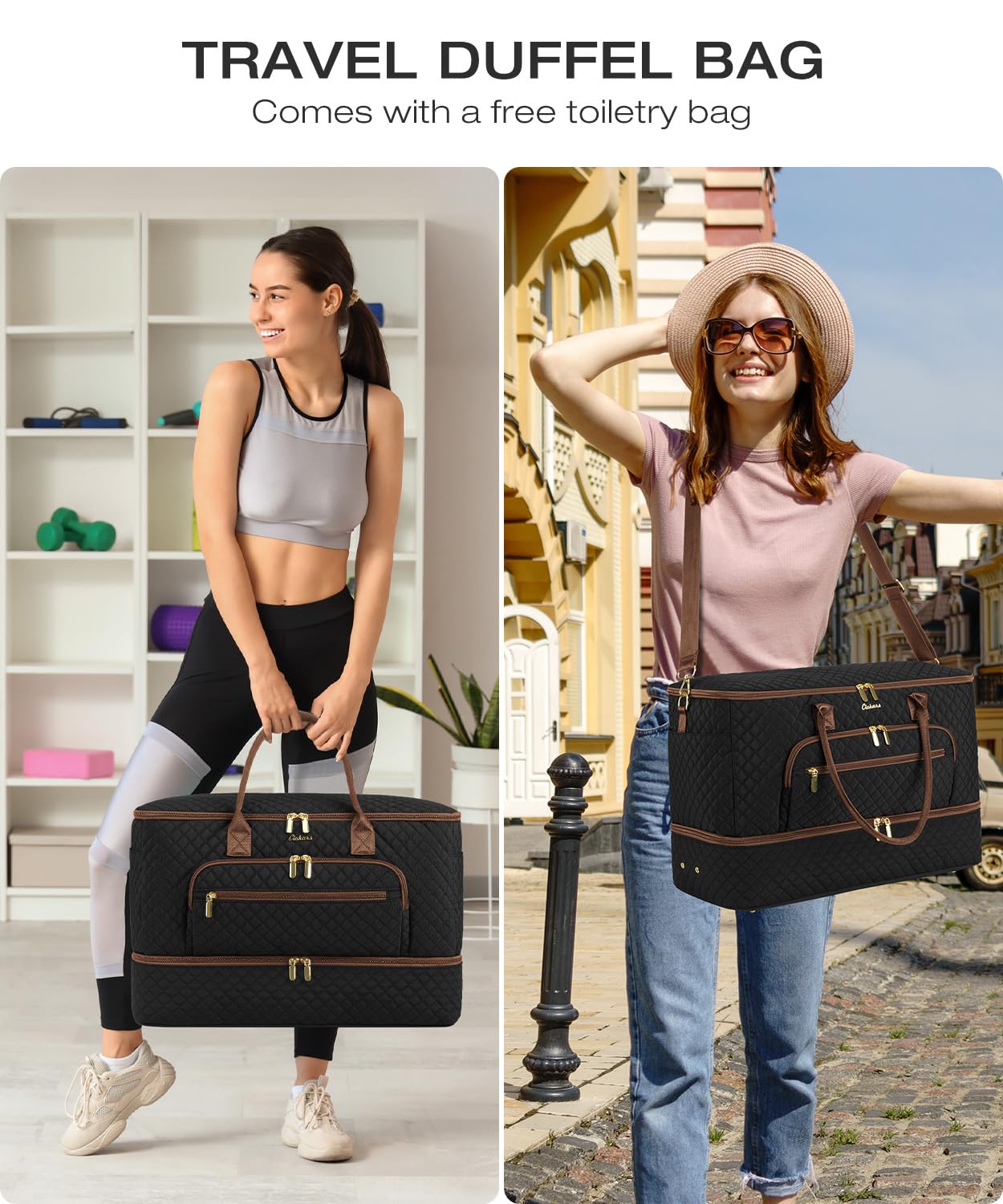 CLOKARS Travel Duffle Bag, Wide Open Large Weekender Bag for Women with Shoe Compartment, Carry on Overnight Bags with Toiletry Bag, Hospital Bag for Women Labor Delivery with Wet Pocket (Black Brown)