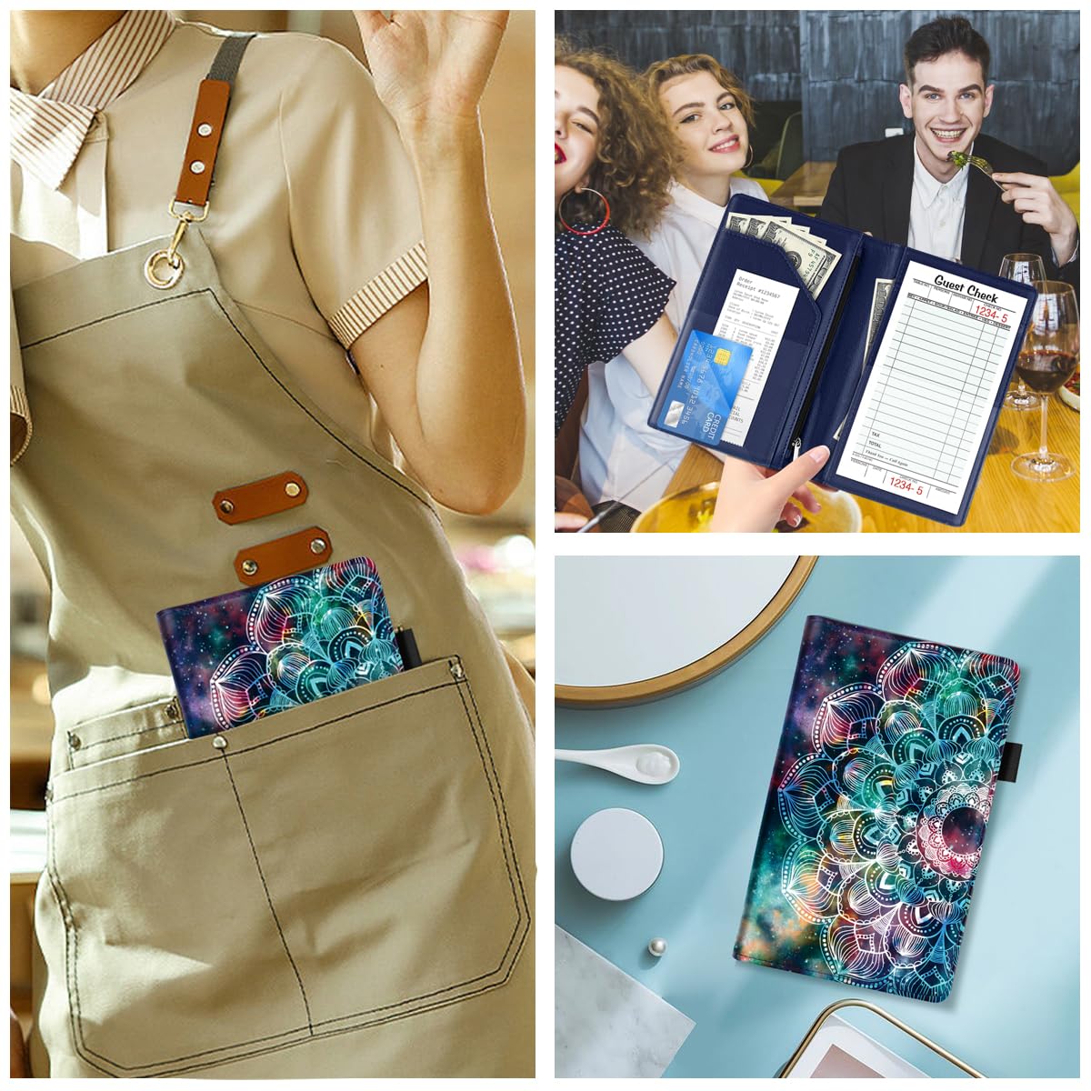 WAVEYU Cute Server Books for Waitress Waiter, Leather Guest Book Note Pad with Zipper, Money Organizer Wallet, Cash Check Bill Receipt Holder Presenter, 8x5 inch, Mandala