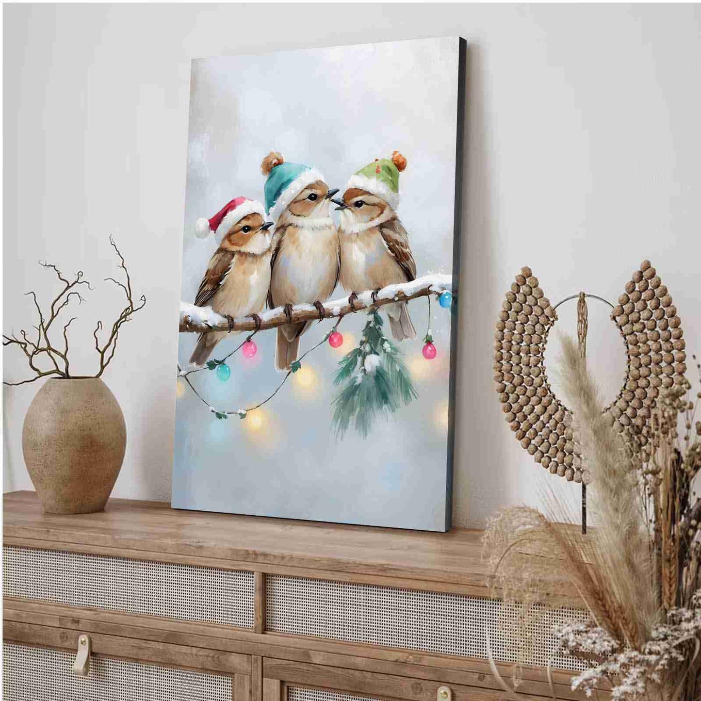 Framed Canvas Wall Art Christmas Birds Winter Art Print Wall Art Holiday Poster Trendy Christmas Decor 8x12in Wood Framed