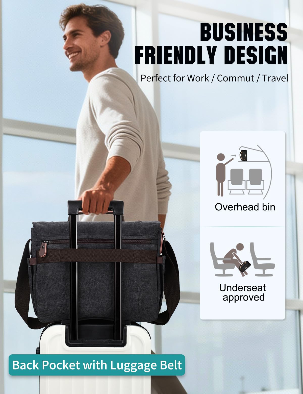 RAVUO Messenger Bag for Men, Water-Resistant Canvas Satchel Briefcase, Fits 15.6-Inch Laptop, Padded Strap, Large Capacity Bag for Work, Business, College, Black