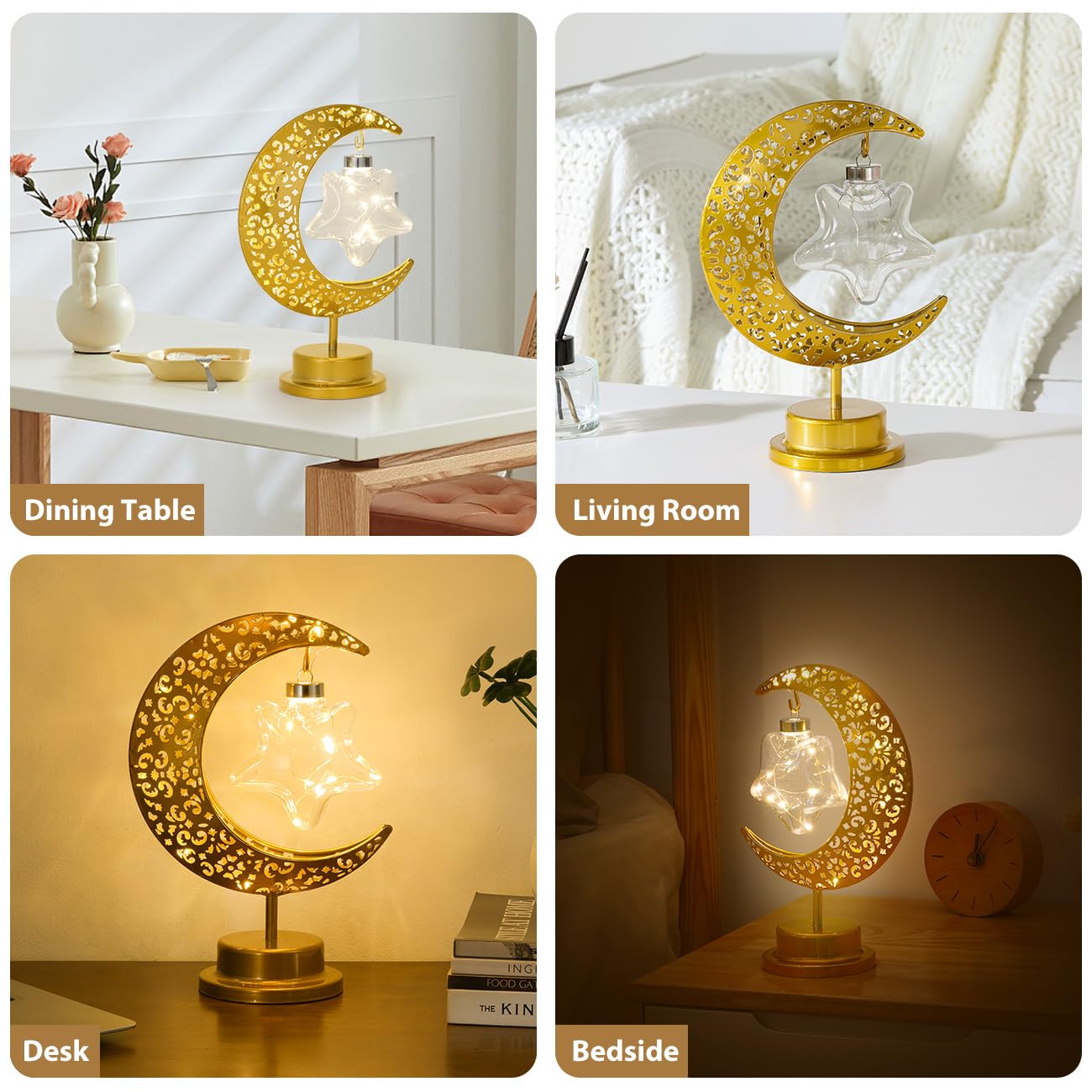 Lewondr Decorative Table Lamp, Battery Powered Ramadan Desk Lamp Decorations Crescent Table Light Lunar Star Moon Lantern for Bedside Nightstand Desktop Room Party, Eid Mubarak Decor, Warm Light