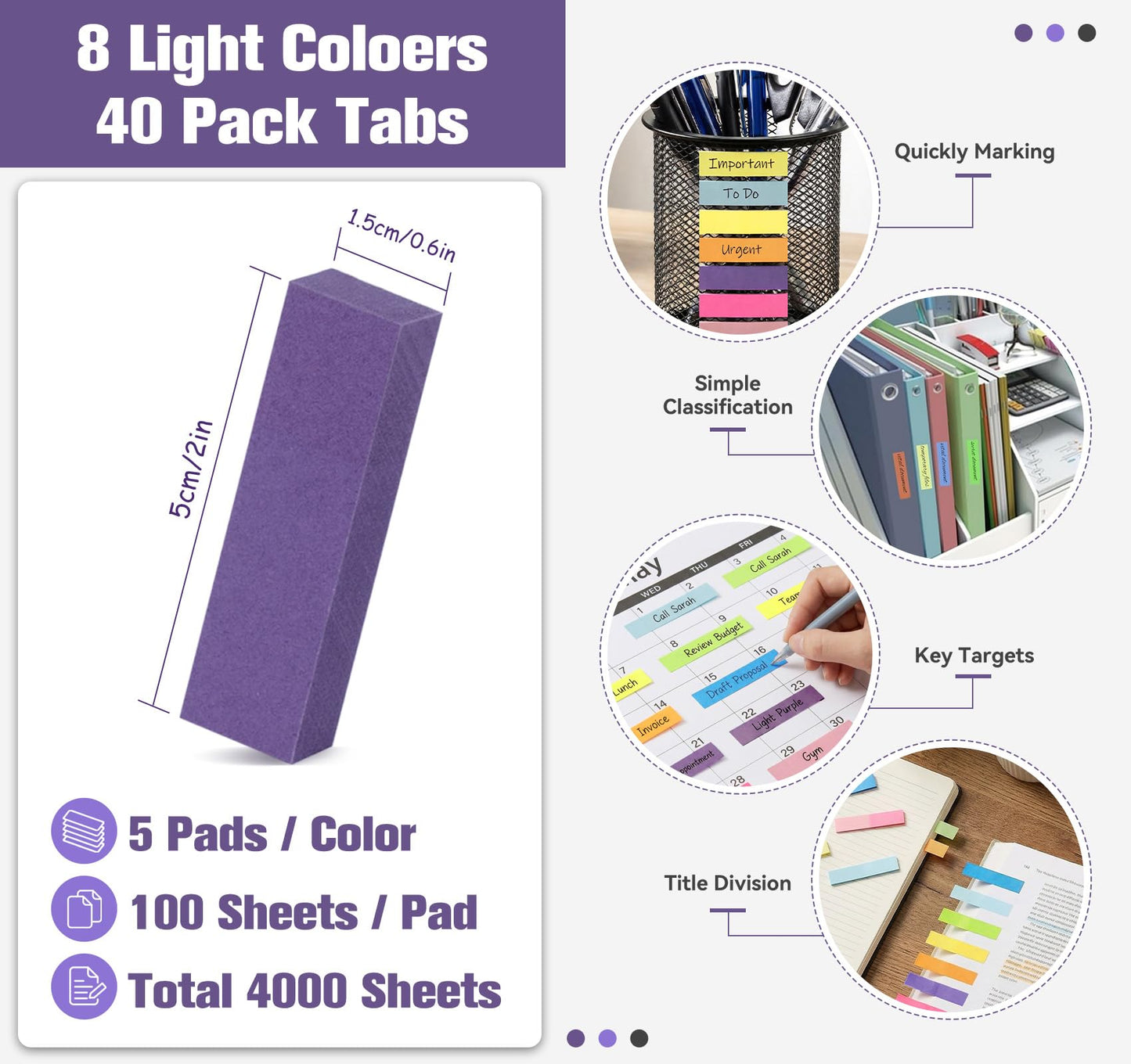 4000 Sheets Index Tabs - 0.6 x 2in Page Markers, Small Self-Stick Note Pads, Bright Colors Page Flags Sticky Index Tabs, 40 Pack Sticky Notes for Office, Home & School (8 Colours)