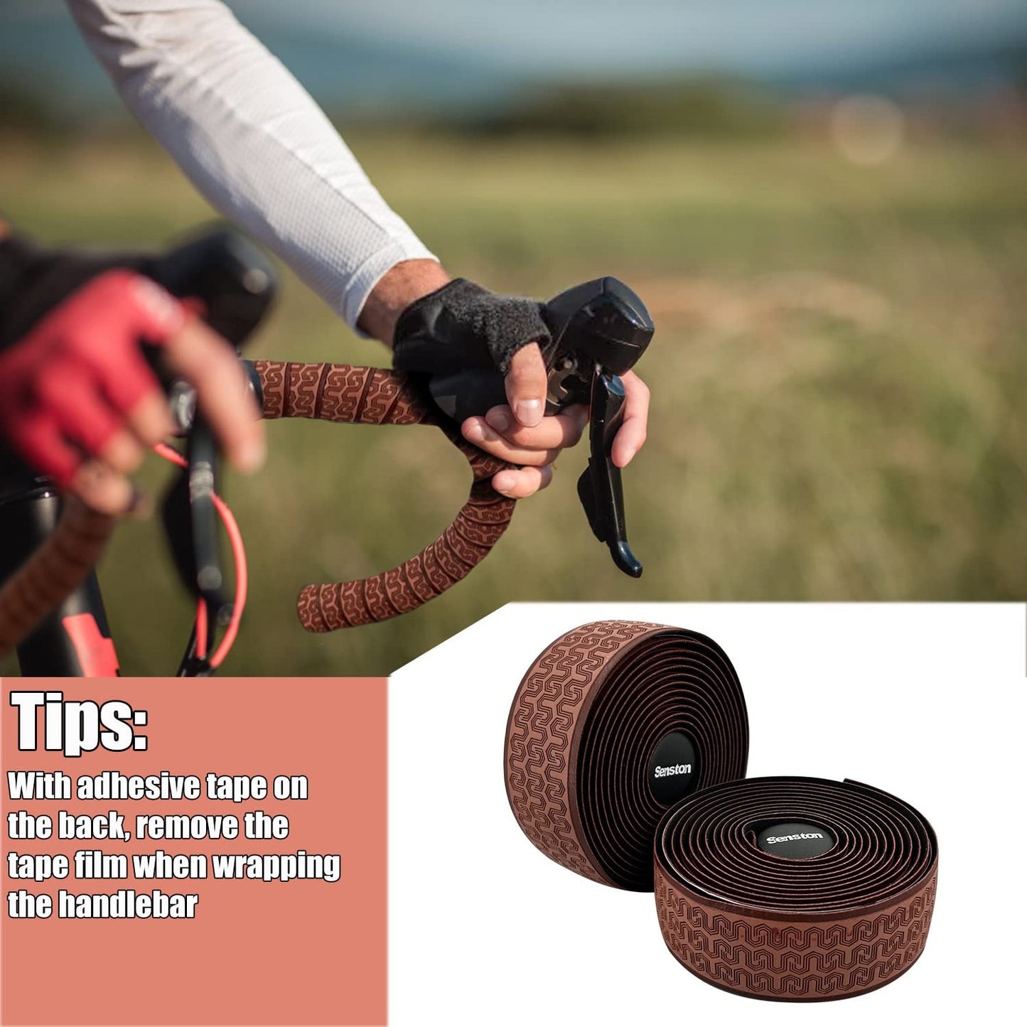 Senston PU Bicycle Handle Wraps Tape Road Bike Handlebar Tapes Cycling Grip Tape, 2 Rolls, Brown