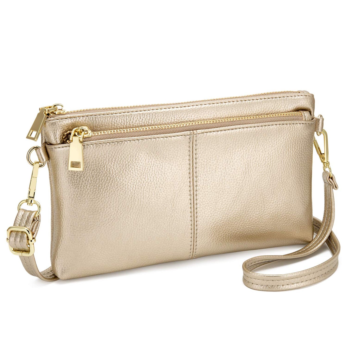 ZOOEASS Triple Zip Small Crossbody Bag Lightweight Purses Vegan Leather Wristlet Clutch, Includes Adjustable Shoulder (Gold)