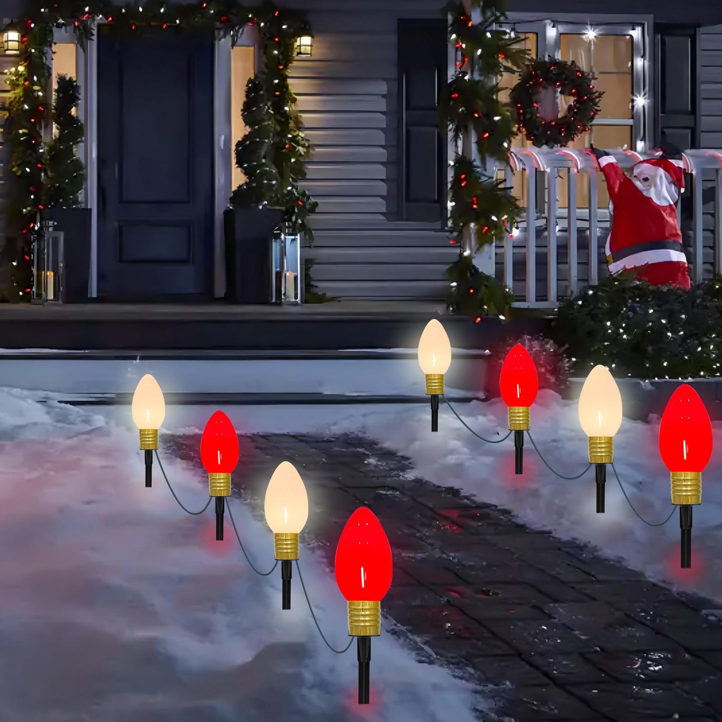 2 Pack Jumbo C9 Christmas Pathway Lights, 14FT Red & White LED Outdoor Path Lights, Waterproof Connectable Giant C9 Pathway Markers for Yard, Garden, Walkway, Christmas Decorations