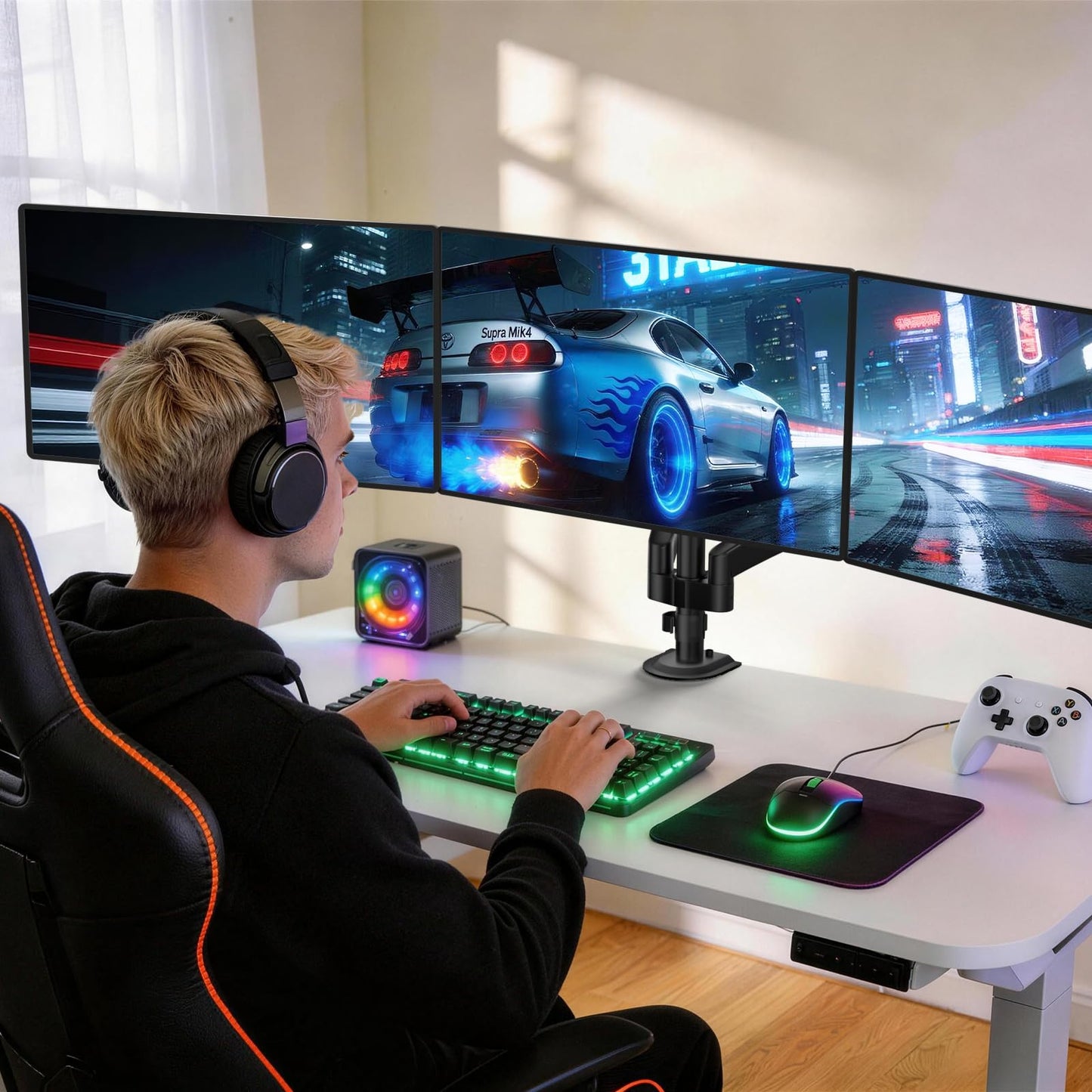 WALI Triple Monitor Mount, 3 Monitor Desk Mount for Screens 13-33 Inch, Multiple Monitors Stand with Tilt, Swivel, Rotation, Mounting Holes 75/100 mm, Black
