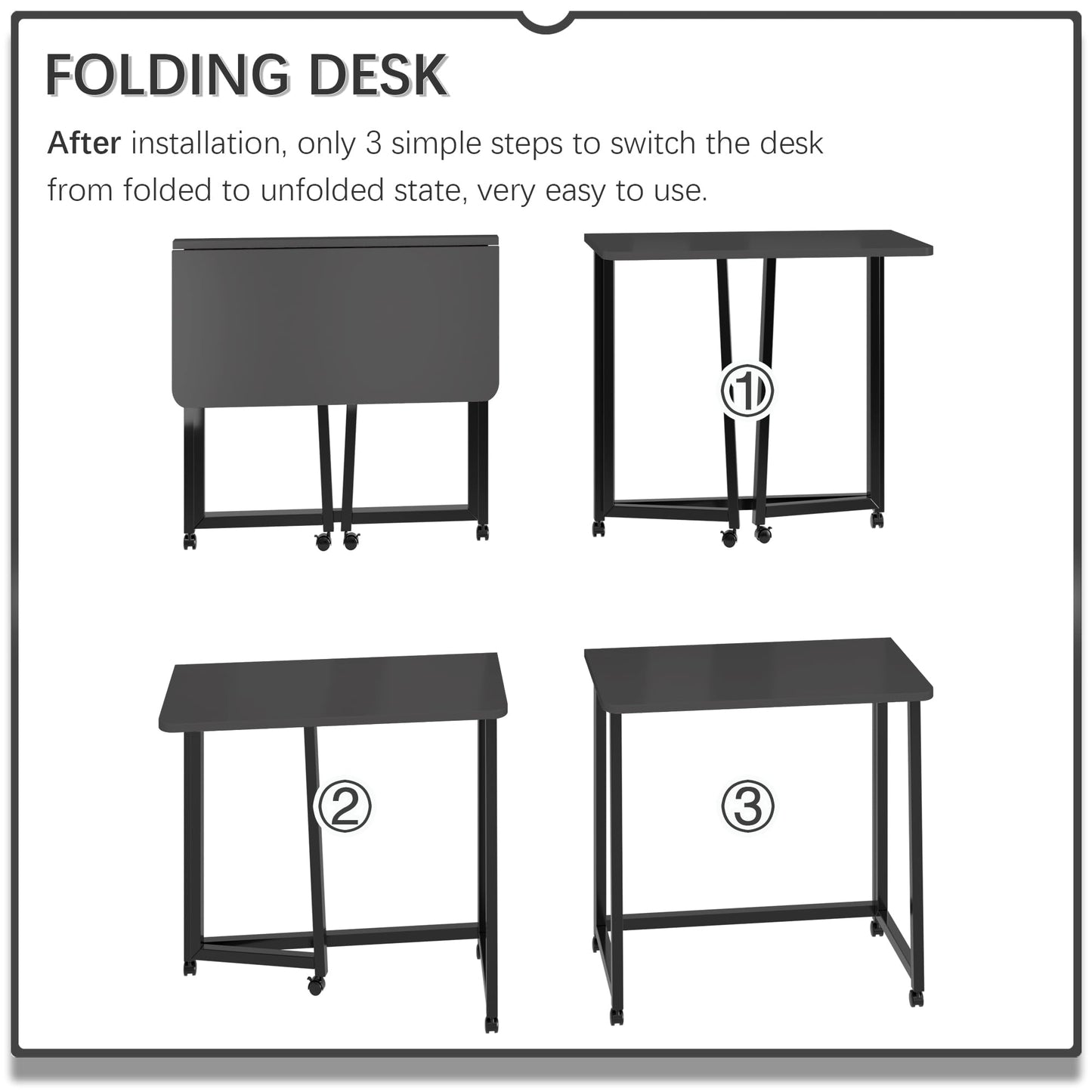 4NM 23.6" Mobile Small Folding Desk, Foldable Rolling Computer Home Office Desk, Study Writing Table for Small Space Saving Bedroom, with Wheels - All Black