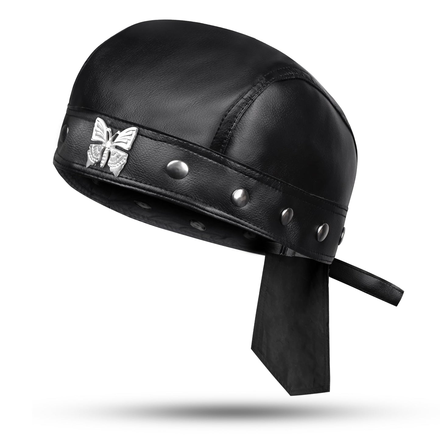 FurquGears Leather Biker Cap for Women Stylish Biker Doo Rag Headwrap for Riding Adjustable Motorcycle Black Skull Hat