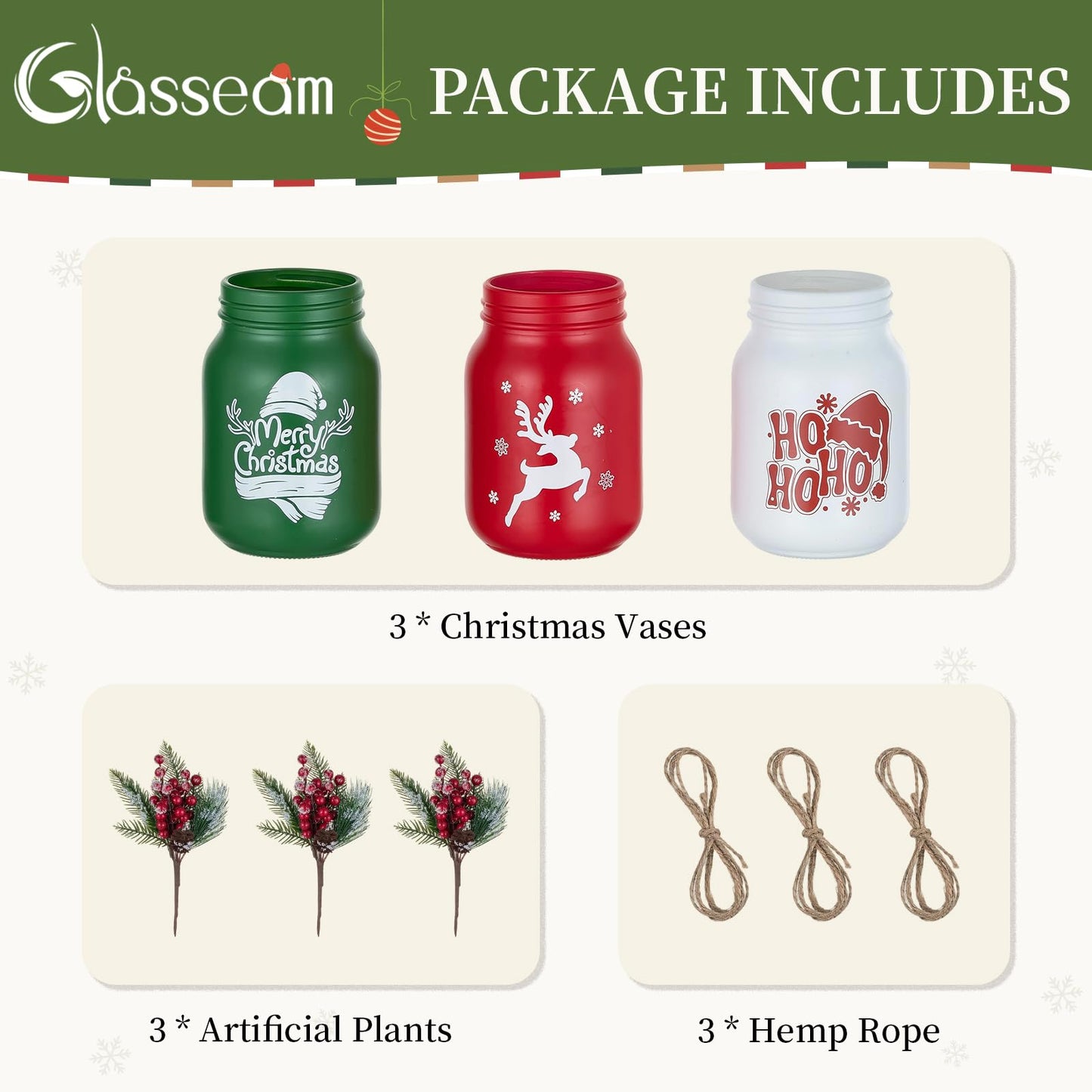 Glasseam Christmas Vases for Table Centerpiece: 3pcs Christmas Decorations Mason Jar with Artificial Flowers - Glass Flower Vases Set for Indoor Fireplace Mantle Home Decor