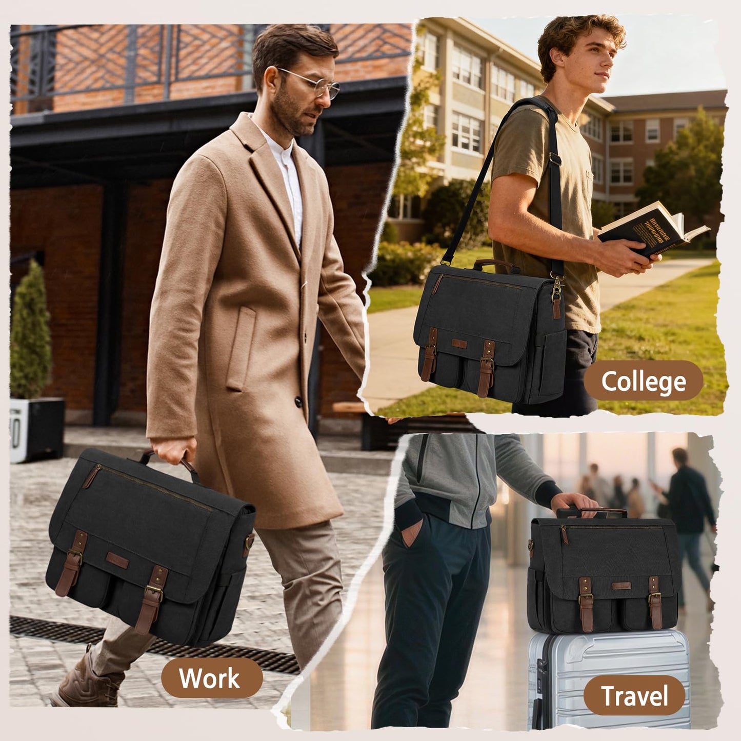 RAINSMORE Messenger Bag for Men 15.6-17.3 Inch Laptop Bag Water-resistant Canvas Briefcase Large Computer Satchel Shoulder Bag for Work College Travel, Black