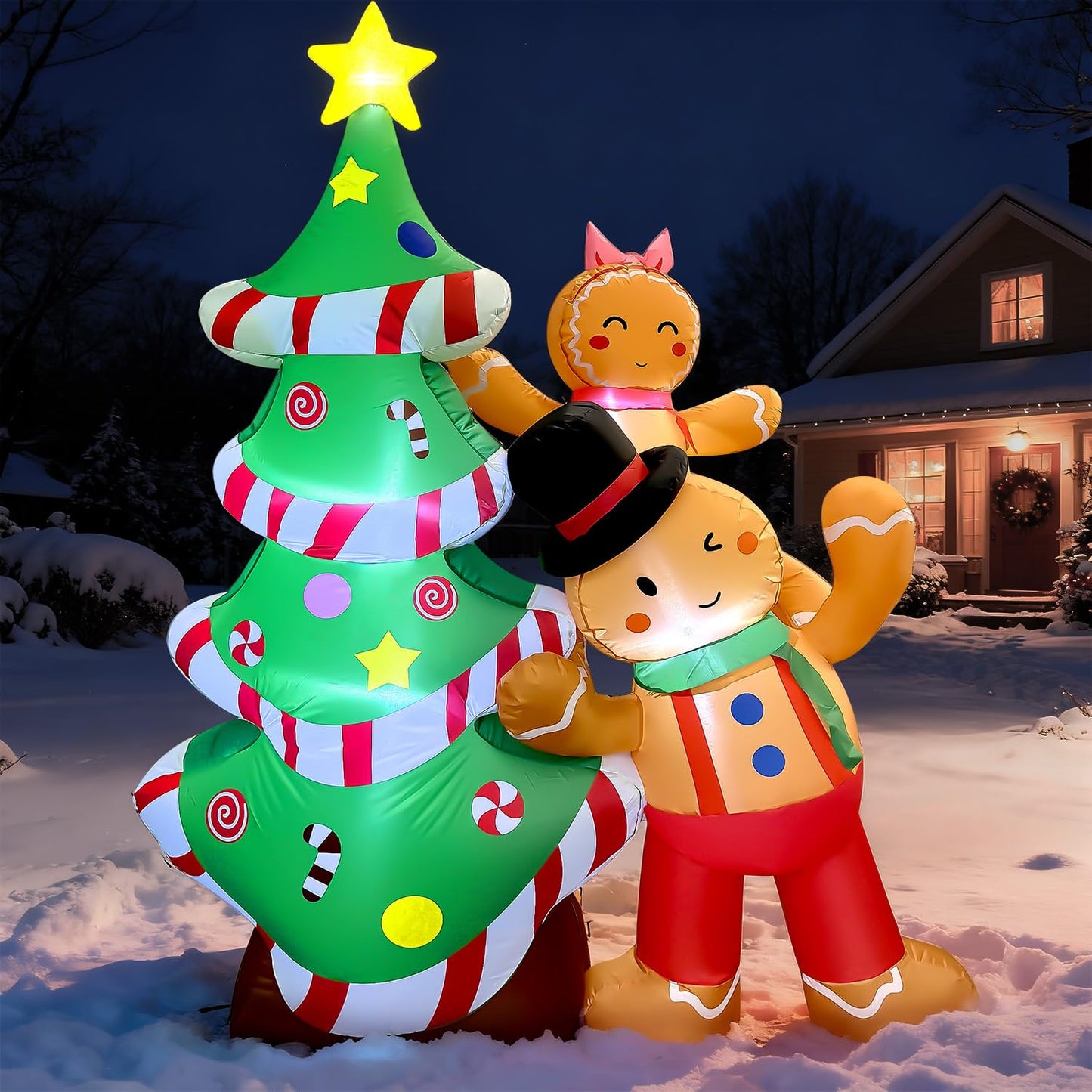 GVDV 8FT Inflatable Christmas Tree with Gingerbread Man Clearance,Giant Outdoor Christmas Inflatables Decoration with Bright LED Lights,Fast Blow Up Christmas Lawn Inflatables with Stakes & Sandbags