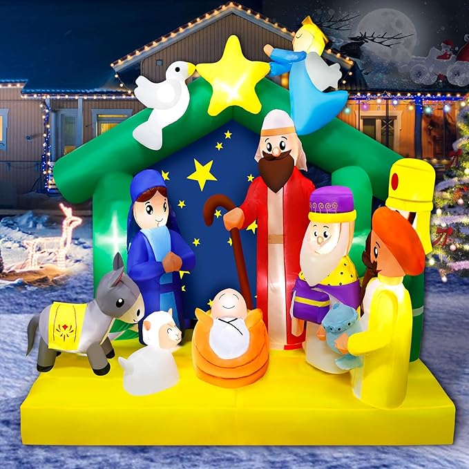6.5FT Christmas Inflatables Nativity Scene Outdoor Decorations The Birth of Jesus Scene Christmas Blow ups Built in LED Lights Inflatable Christmas Decorations for Garden Lawn Patio