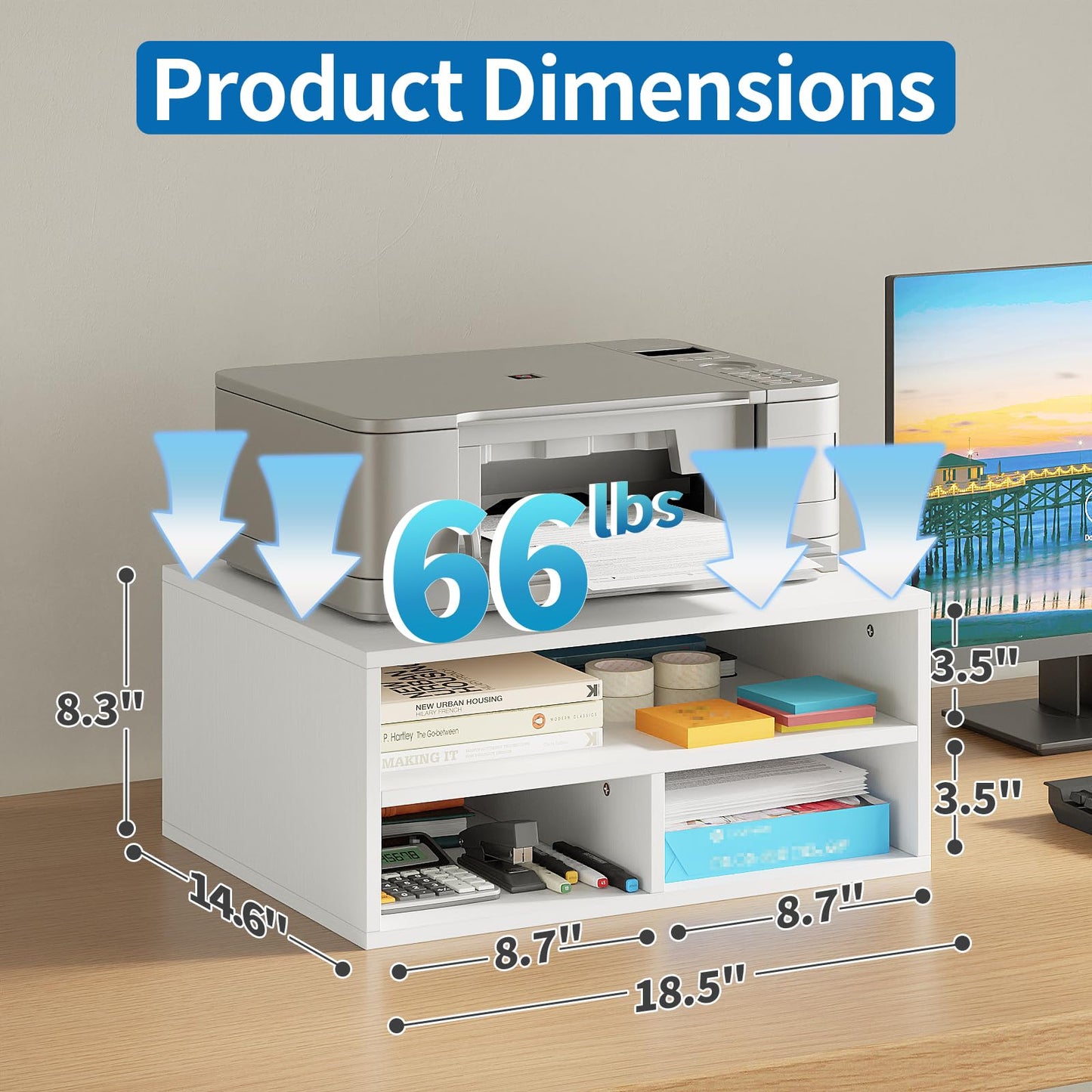 ALISENED Printer Stand for Desk, 2-Tier Wooden Desk Organizer with Adjustable Compartments, Heavy Duty Desktop Stand for Printer Scanner Monitor, Space Saving Office Organization and Storage, White