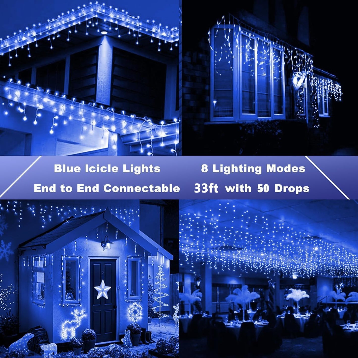 Joomer Christmas Icicle Lights - 33FT Plug in String Lights Waterproof, 8 Modes Timer Connectable Outdoor String Light for Christmas Party, Eaves, Roofs, Xmas Decorations (Blue)