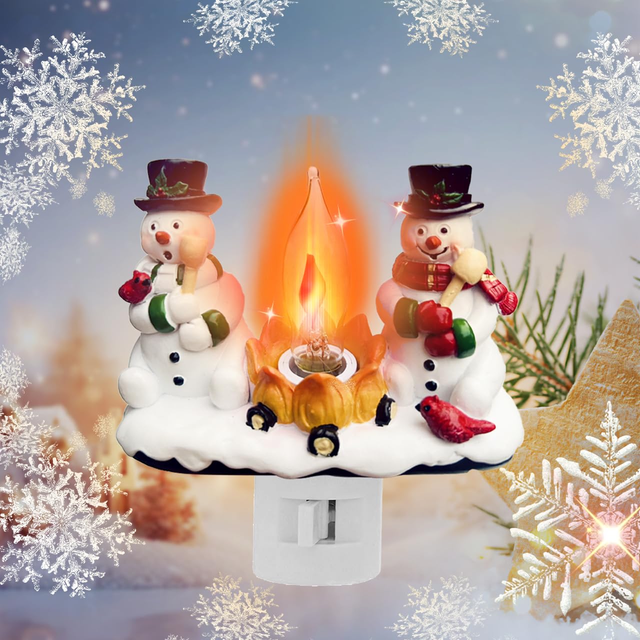 Christmas Decorations,Snowman Campfire Night Light,4 Inch Resin Rotating Plug Christmas Night Light with Flame Flicker Effect, Suitable for Children's Room, Hallway, Living Room, Staircase Decoration