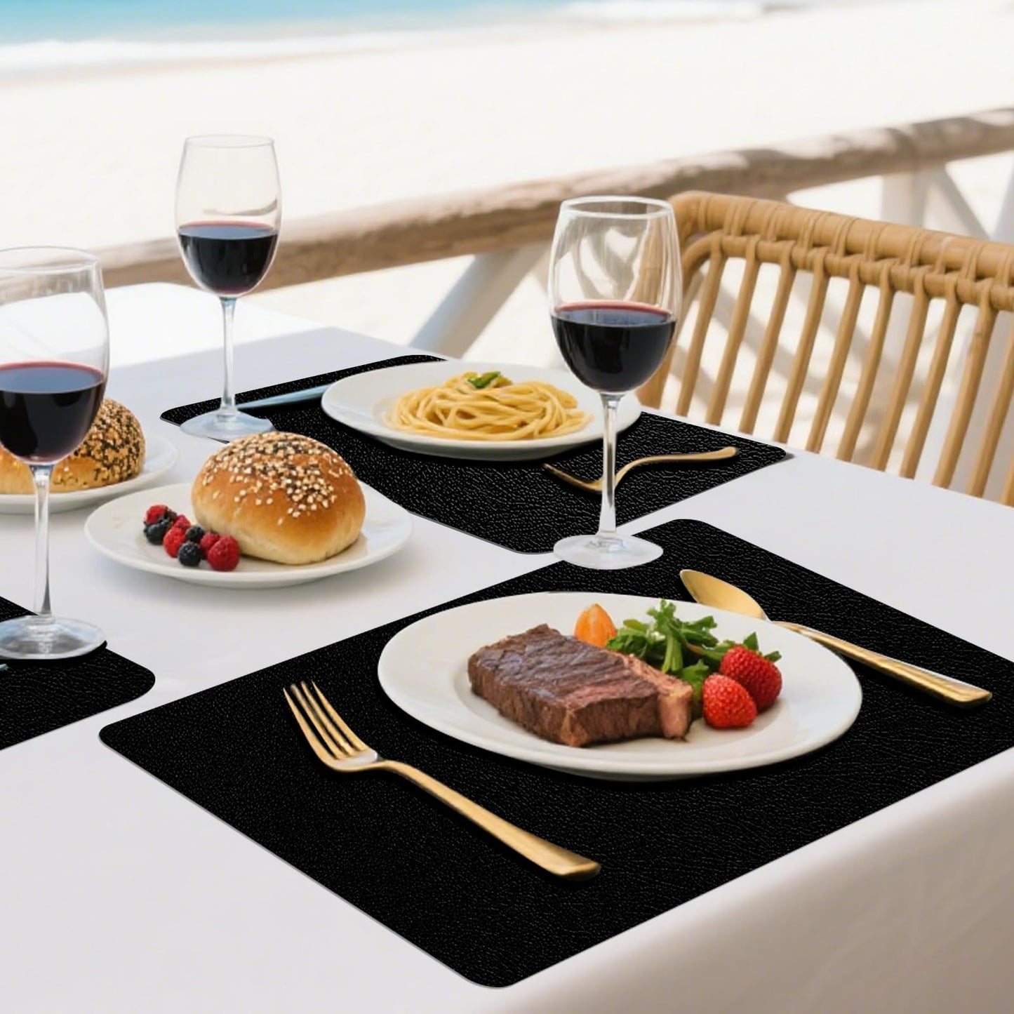 Keaixinyu Placemats and Coasters Set of 6, Waterproof、Oil-Proof Wipeable、Anti Slip PVC Leather Place Mats, Heat Resistant Reversible Table Mats for Kitchen, Dining, Outdoor 17’’×12’’, (Black)