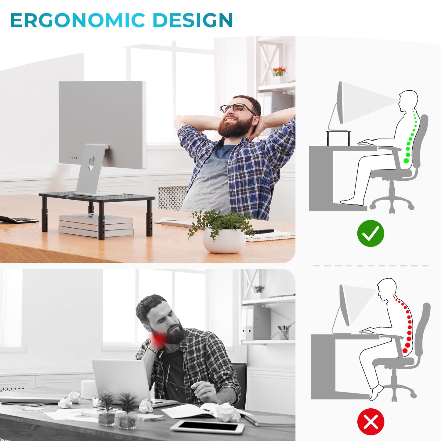 BONTEC Monitor Stand 2 Pack Height Adjustable Metal Riser with Pen Holder, Black, 14.5” x 9.1”, Ergonomic Desktop Stand for Computer, Printer, Laptop, Adjustable Desk Riser with Cable Management