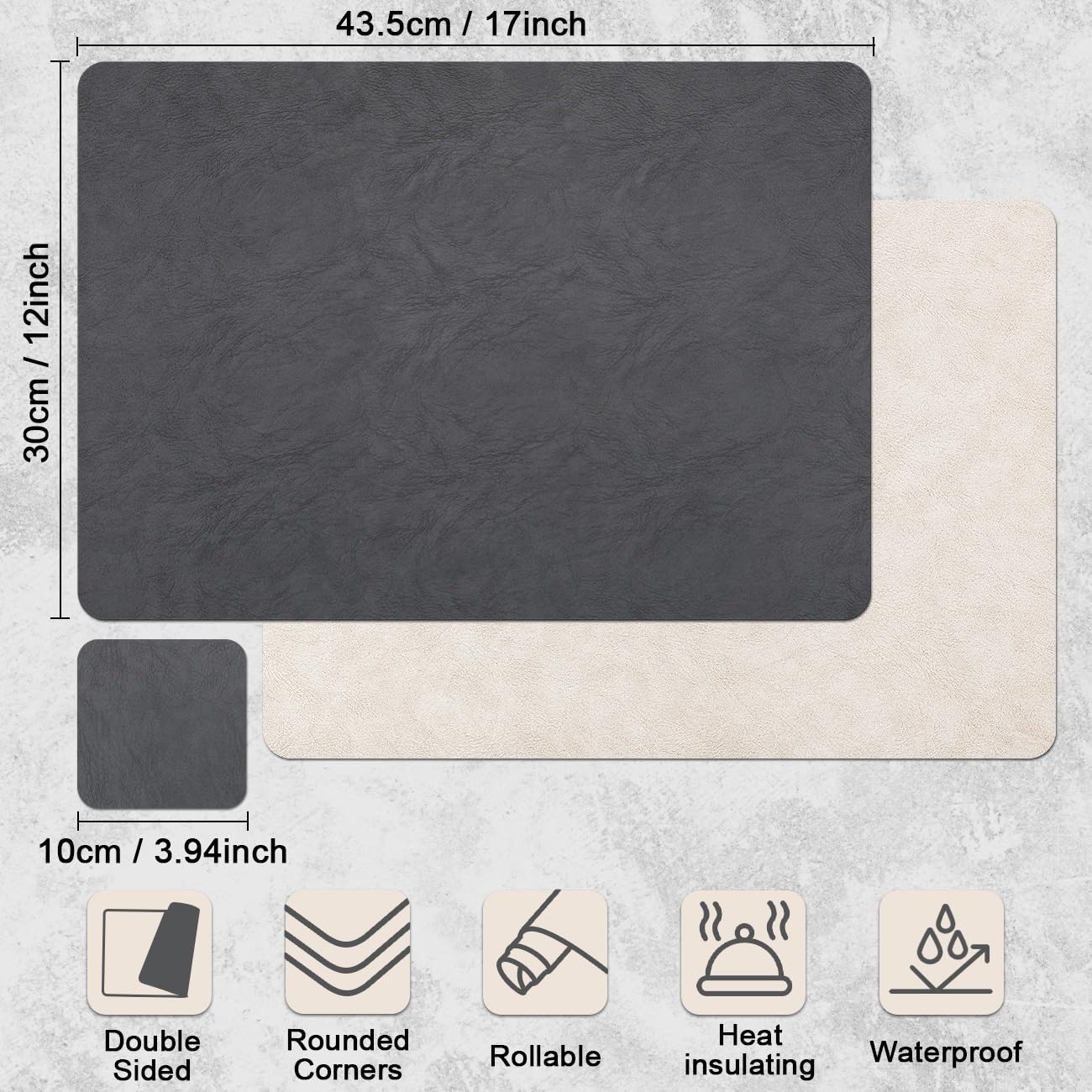 Banchif Dual-Sided Two-Tone Vinyl Placemats Set of 6 with Coasters, 12x17 Inch - Waterproof Faux Leather Table Mats, Heat Resistant Washable Wipeable Place Mats for Kitchen Dining, White/Dark Gray