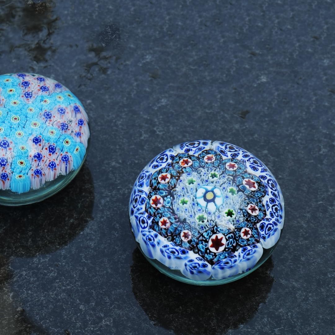 Yao Yuan Handcrafted Glass Paperweight - Beautiful Flower Figurine, Unique Desk Accessory for Home or Office (White millefiori, 3 in)