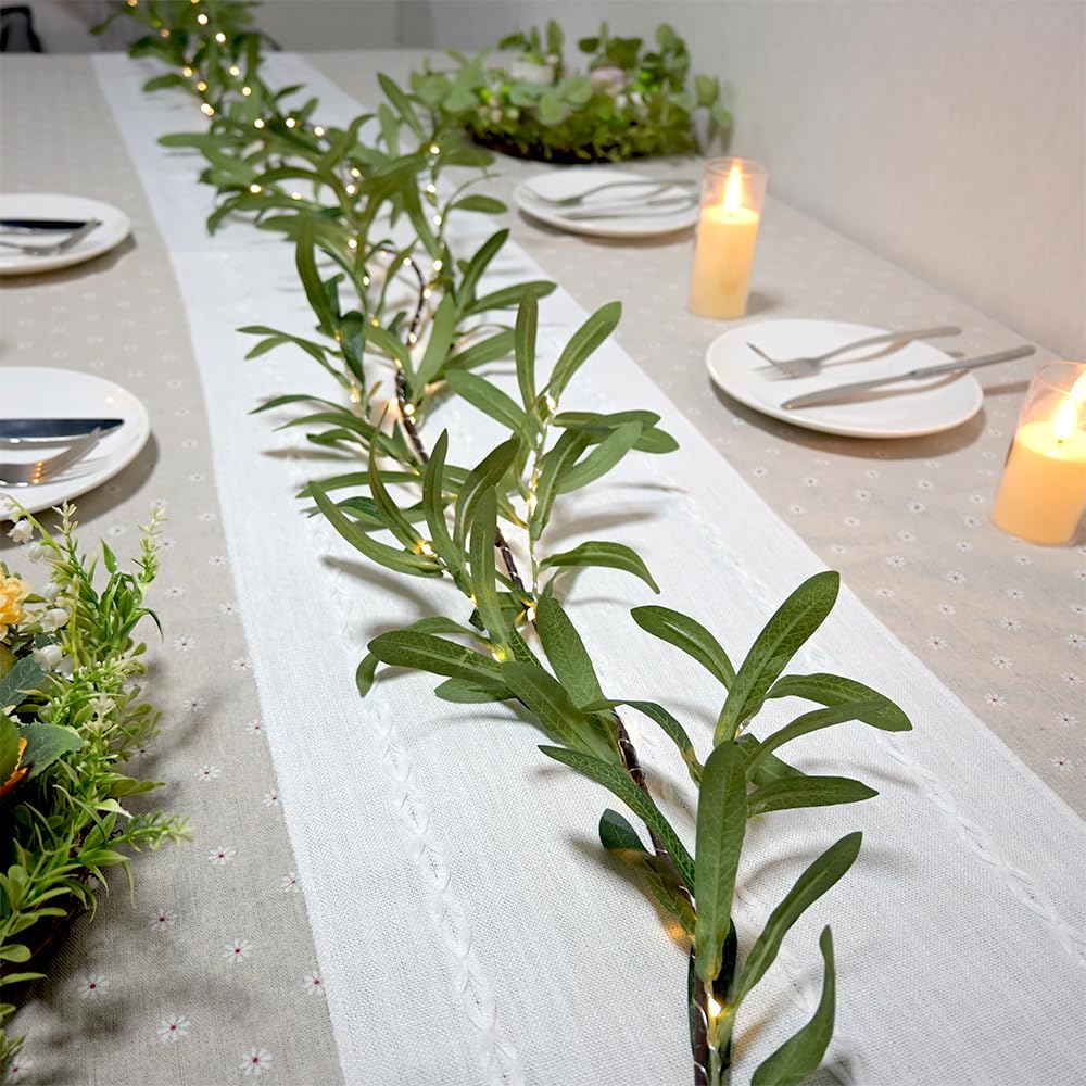 6.56FT Lighted Olive Garland with Lights 96 LED 8 Modes Battery Operated with Timer Artificial Greenery Vine Garland with Lights for Mantel Fireplace Table Wall Patio Wedding Holiday Spring Decoration