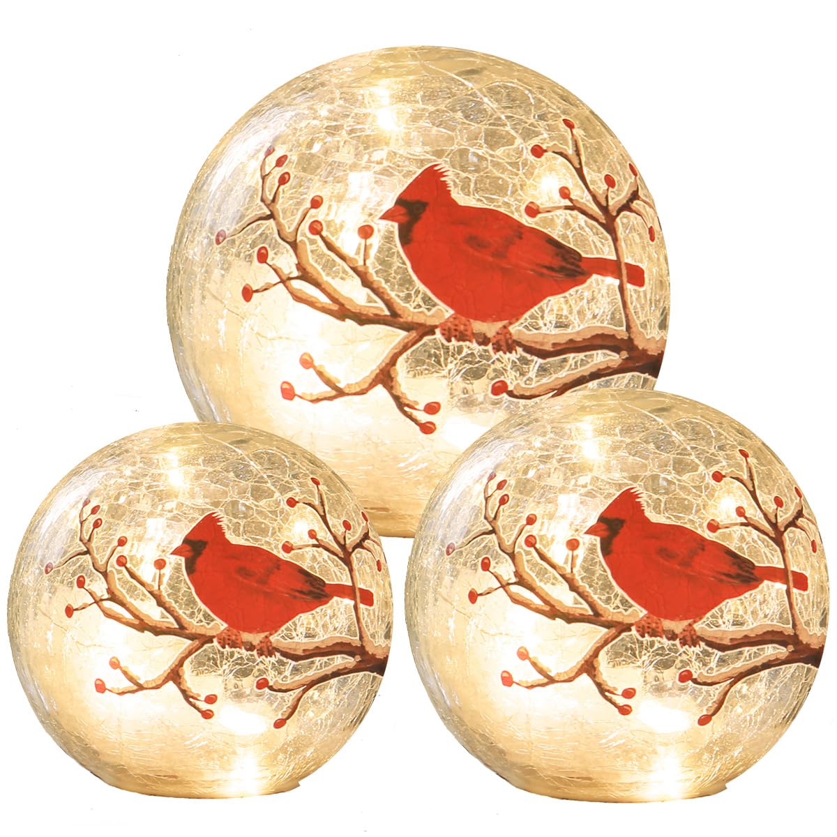 Large Crackle Glass Ball Cardinal Lamp - Light Up Red Bird Stained Christmas Decor Accent, Orb Night Light, LED Sphere Desk Table Lamp