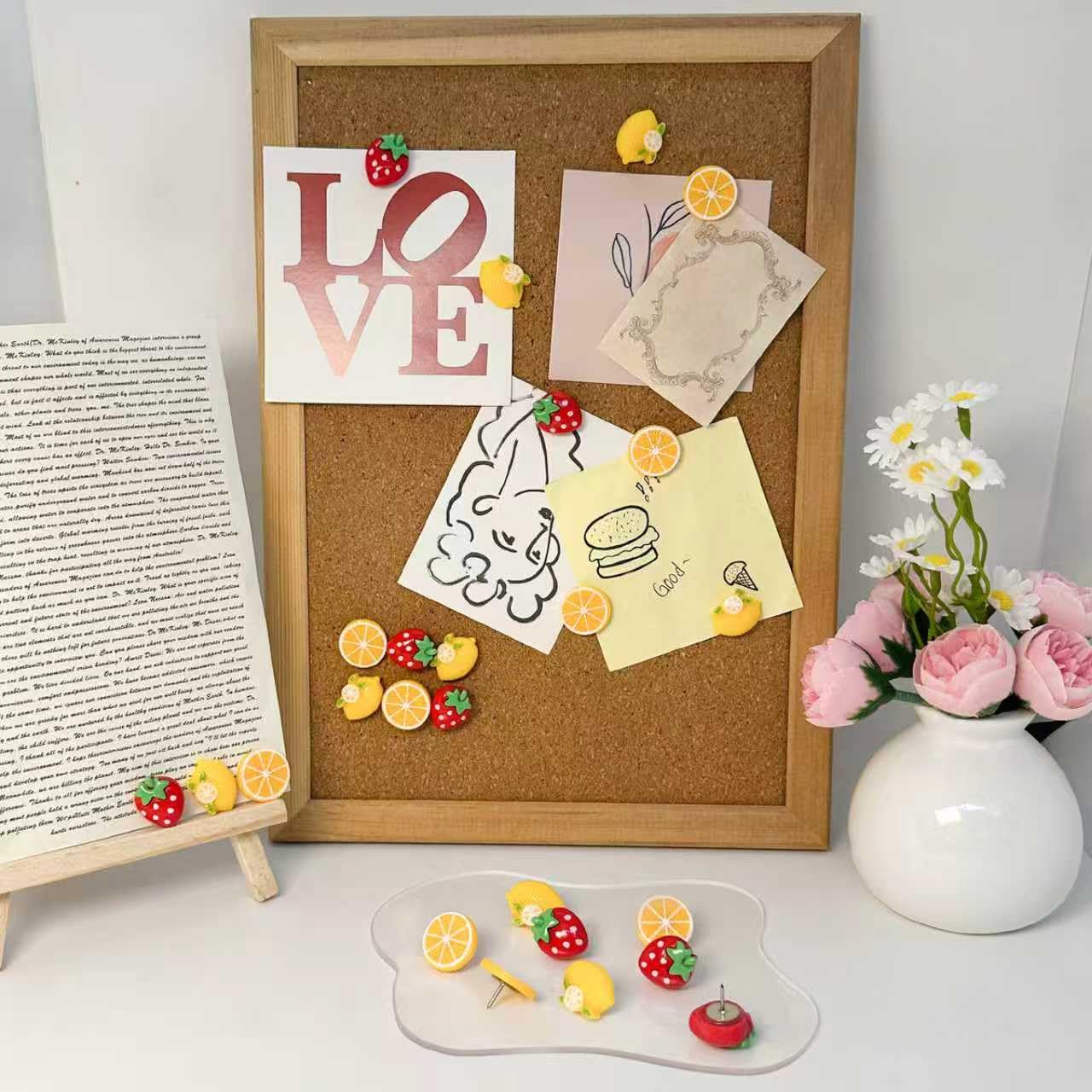 Fruit Themed Creative Thumbtack, 30 Cute Push Pins for Oranges Lemons Strawberries Decorative Push Pins for Bulletin Boards Photo Walls Cork Boards and Notebooks