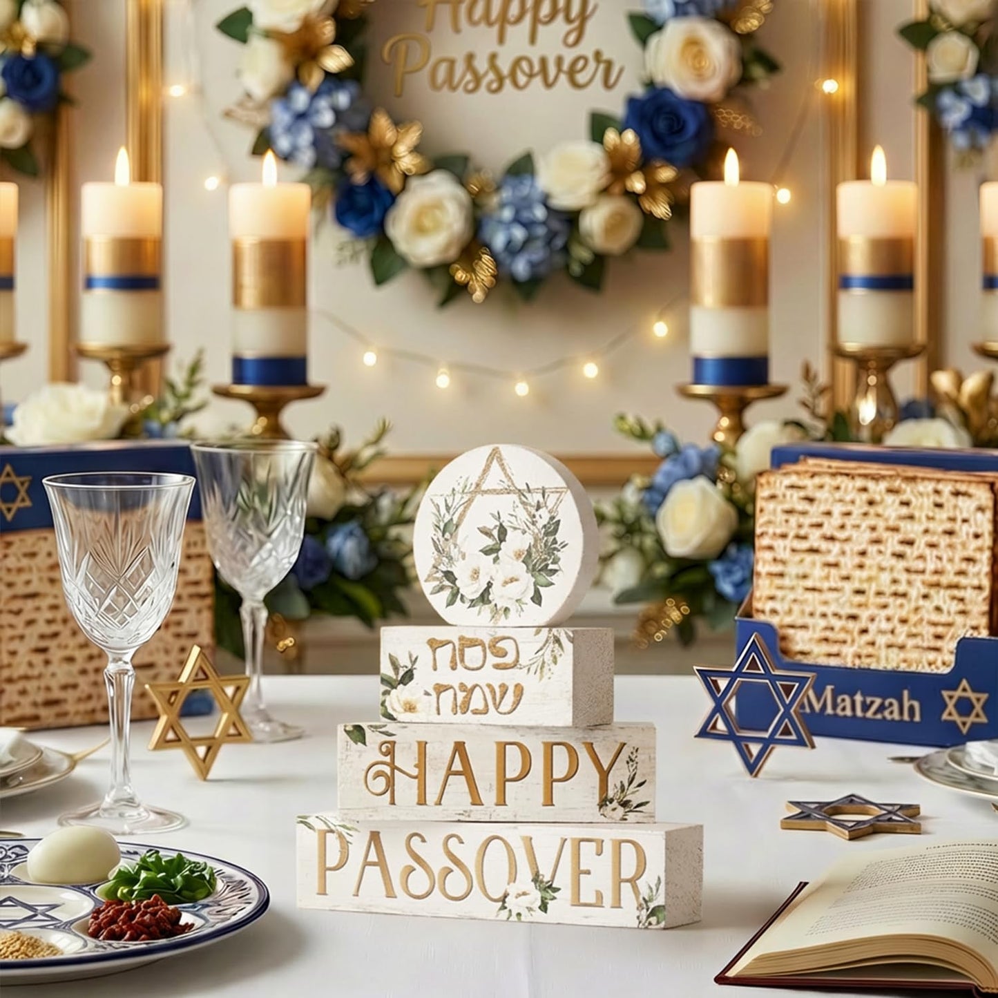 Smile Passover Wooden Decorations 4PCS Happy Passover Pesach, Star of David Tiered Tray Centerpieces Decor, Seder Jewish for Home Office