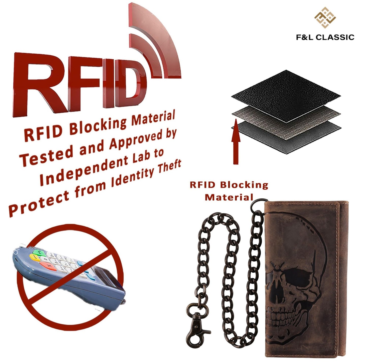 F&L CLASSIC RFID Blocking Mens Tri-fold Long Style Cowhide Leather Steel Chain Wallet,brown distress with skull,212-70