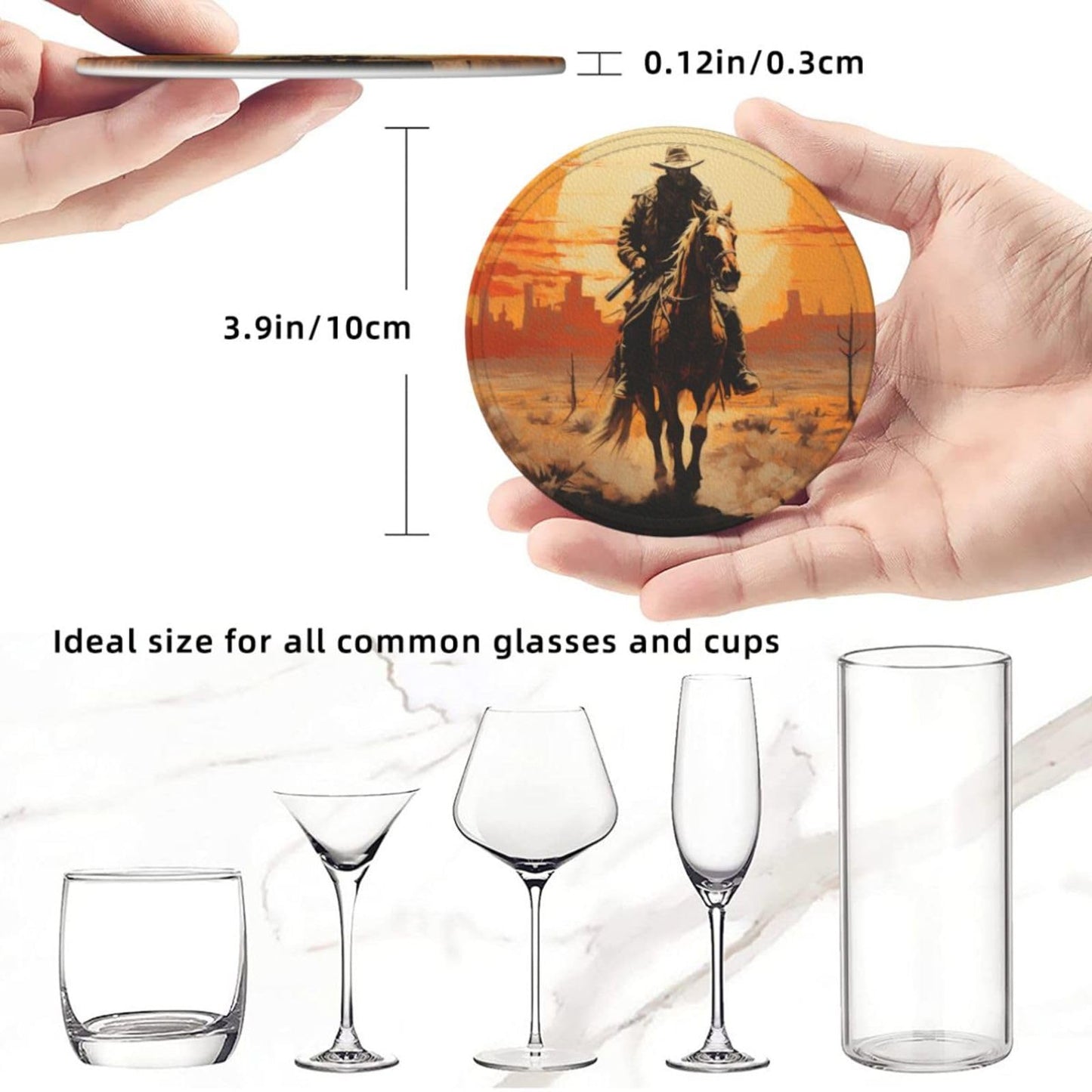 Famame 6 Pcs West Desert Cowboy Sunset Leather Coasters for Drinks with Holder Coaster Sets Drink Table Cup Coasters for Living Room Kitchen Coffee Decor