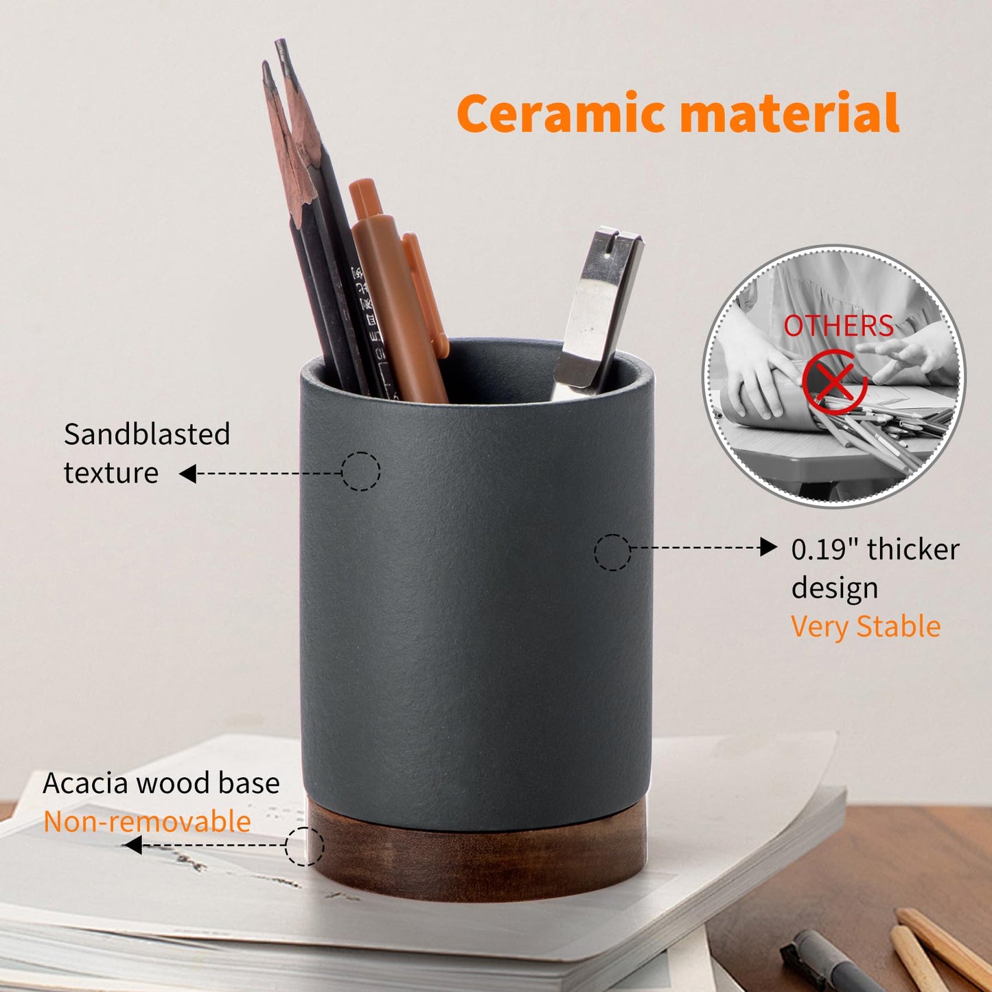 Officepal Ceramic Pen Holder for Desk, Pencil Organizer & Makeup Brush Holder, Office Decor and Desk Accessories, Perfect Office Organization, Teacher Supplies (Dark Grey, Set of 1)
