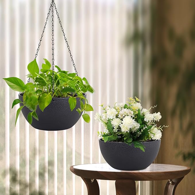 10 inch Hanging Planters for Indoor Outdoor Plants, 2 Pack Hanging Flower Pots with Drainage Holes and Chain for Garden Porch, Round Plastic Hanging Baskets for House Plants, Black