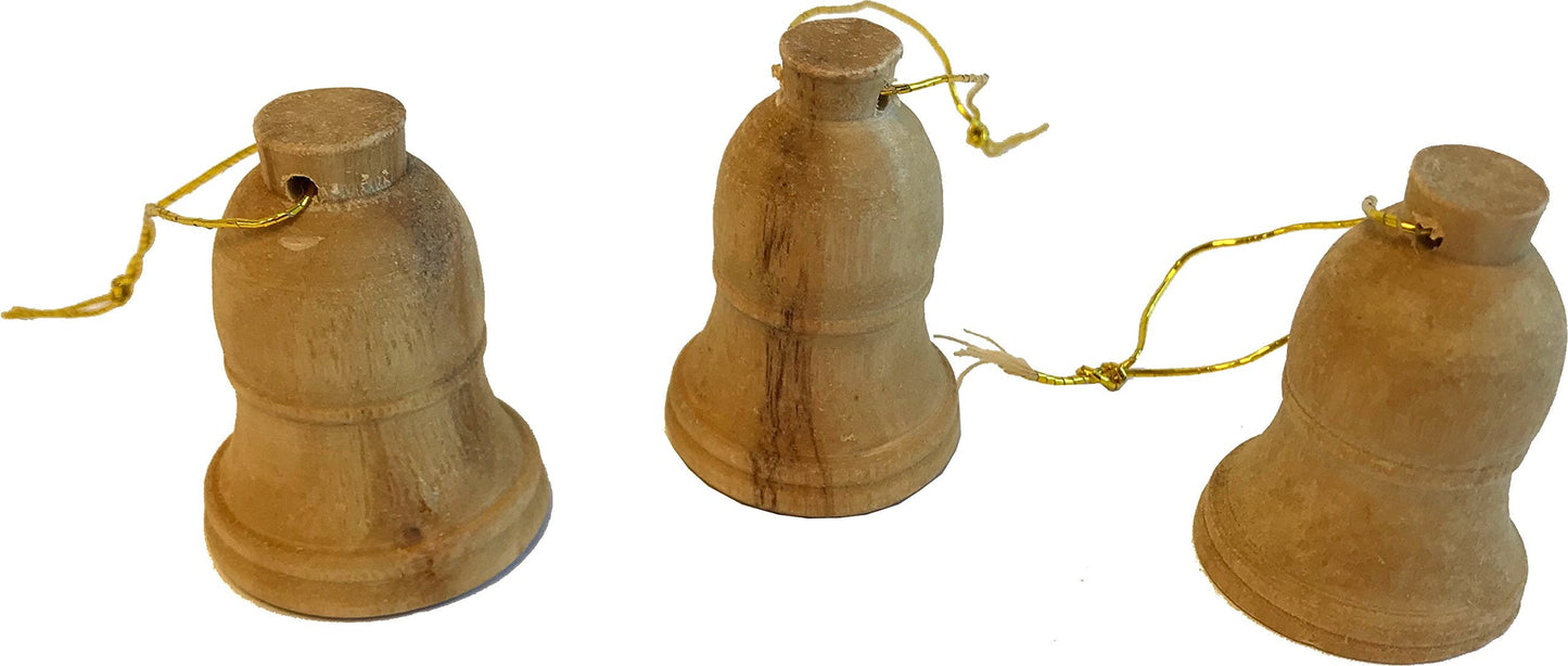 Holy Land Market Hand Made Olive Wood Ornaments - Tree Hanging Bells - Christmas Tree Ornaments from the Holy Land (3, 1.5 Inches)