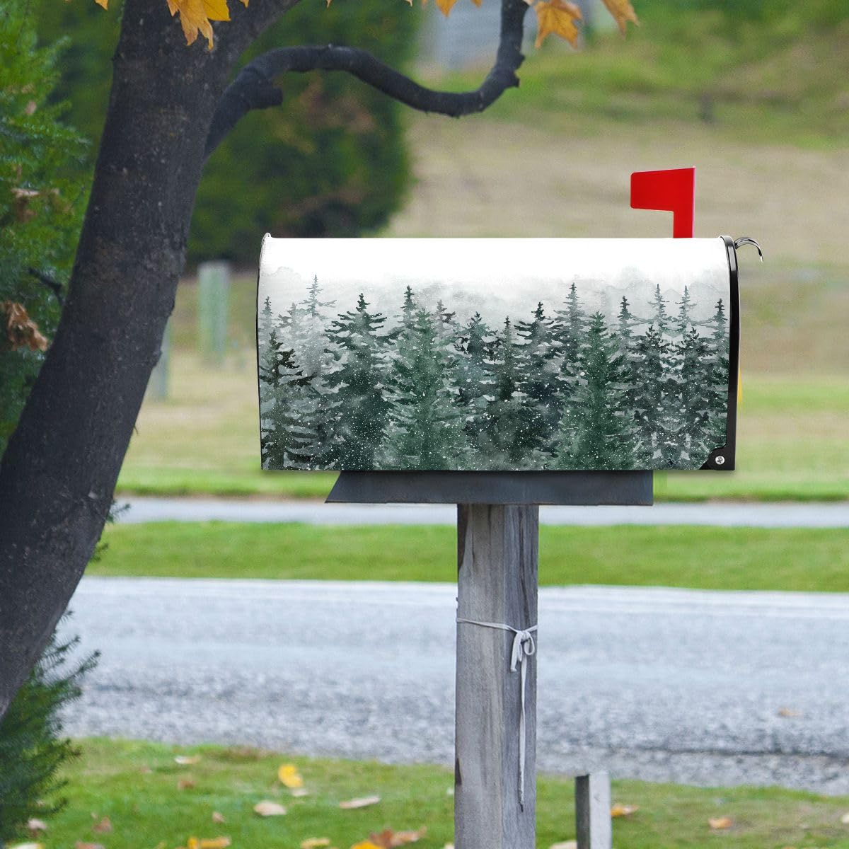 Winter Forest Tree Scenery Snow Magnetic Mailbox Cover Christmas White Green Xmas Mailbox Covers Standard Size Garden Yard Post Wraps Mail Box Cover Outdoor Decorations 25" L x 21" W